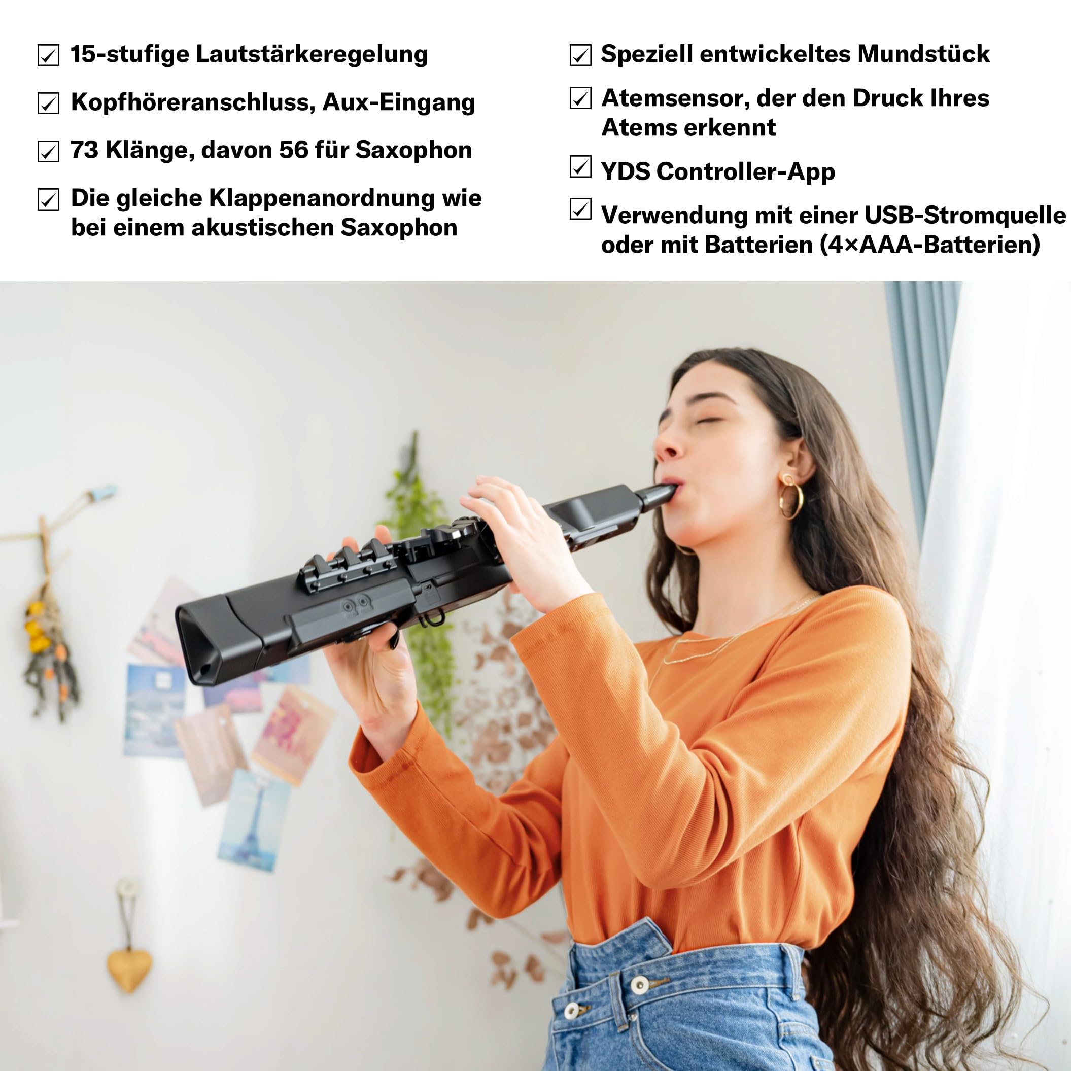 Yamaha YDS-120 Digitales Saxophon - mit 56 authentischen Saxophon Klängen, Atemsensor, Lautstärkeregler, USB- und Kopfhöreranschluss. Die perfekte Verschmelzung akustischer und digitaler Technologien.