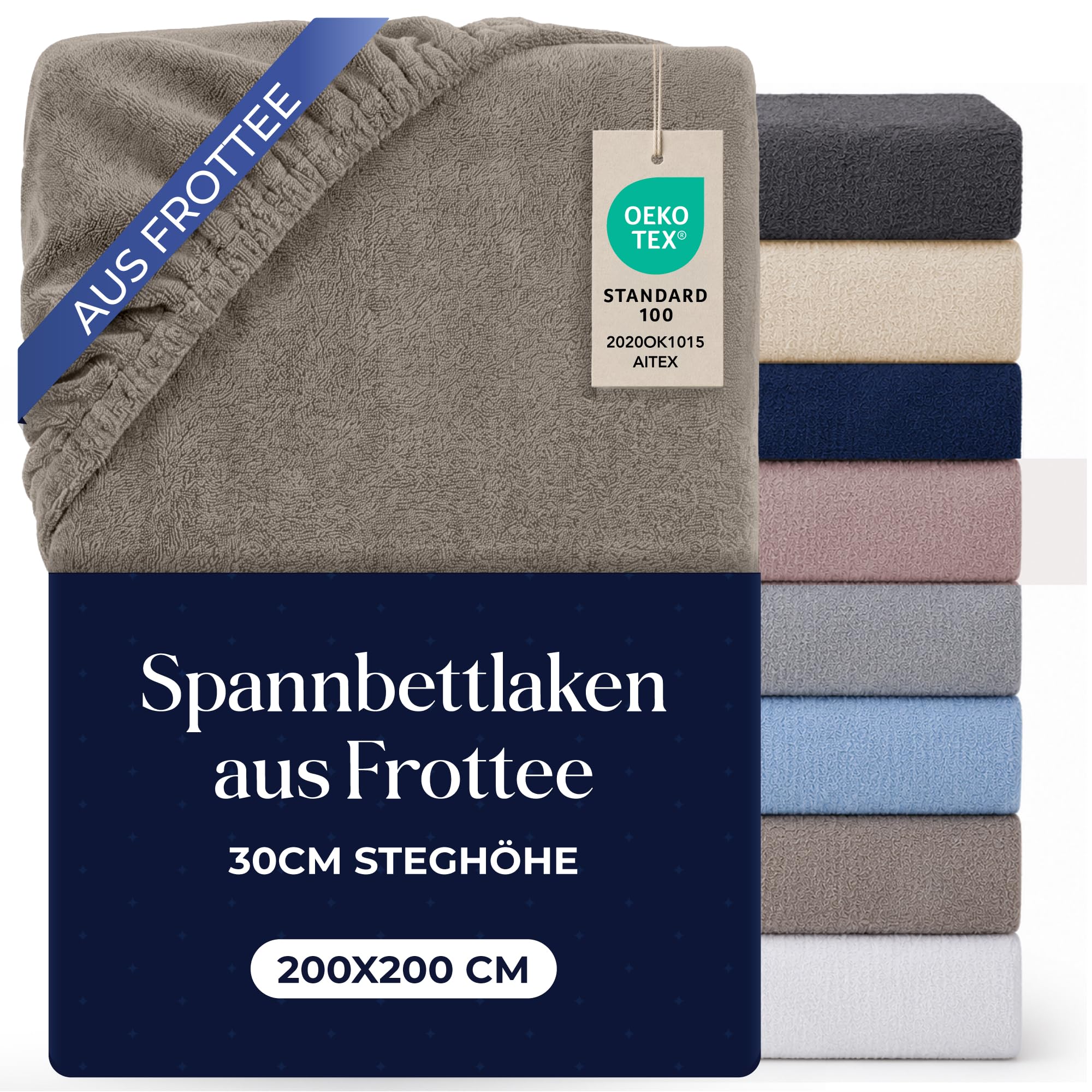 Dreamzie Spannbettlaken 200x200 Taupe - Frottee 80% Baumwolle, Oeko-Tex | Frottier-Spannbettlaken · 80% Baumwolle, 20% Polyester · 30cm Steg, elastisch · Waschbar 60°C · Oeko-Tex zertifiziert