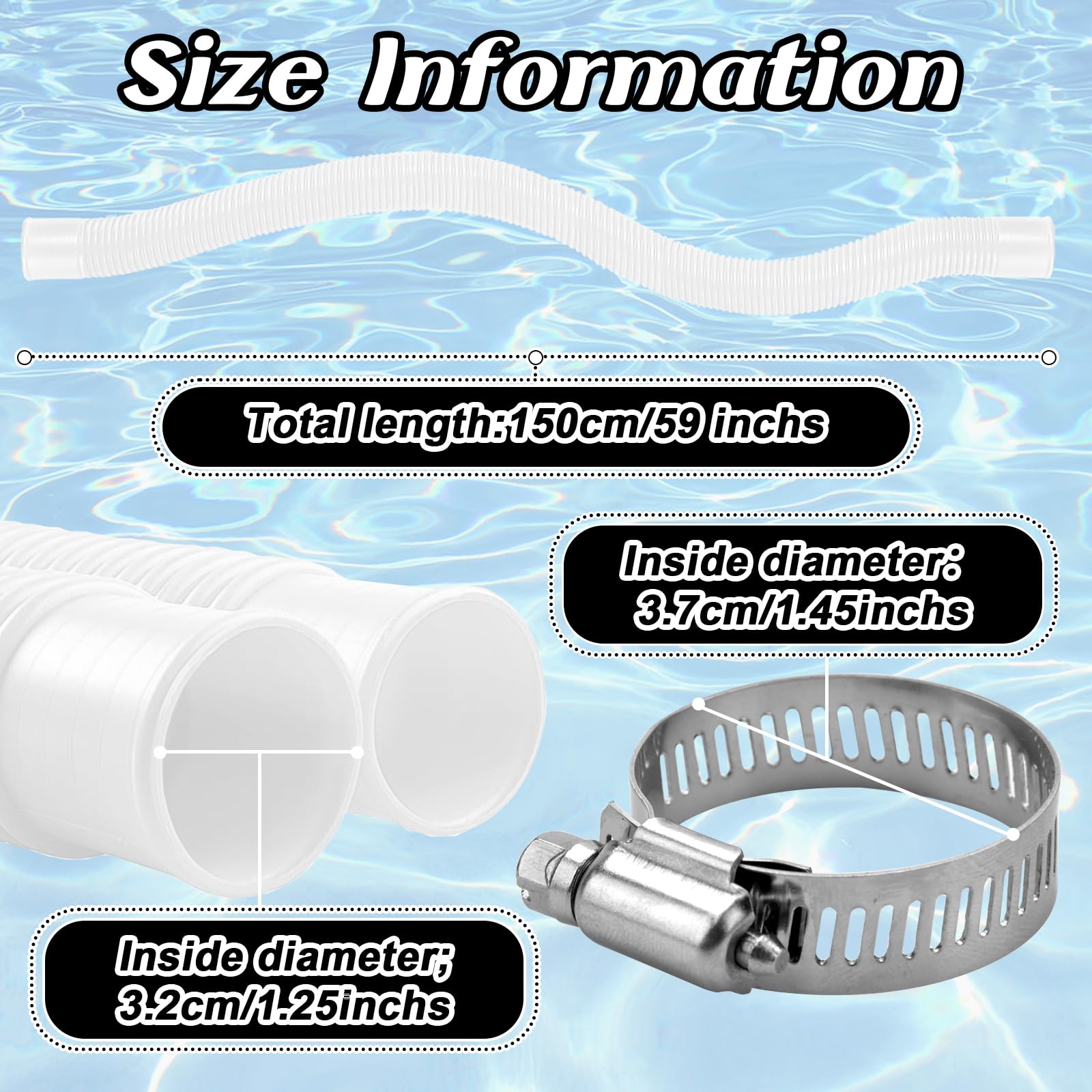 Pool Schlauch, 2 Stück Poolschlauch 32mm für Poolpumpen, 150cm Poolschläuche Spiralschlauch 32mm, Pool Zubehör Schlauch mit 4 Sicherungsclip, Schwimmmen Pools Schlauch Zubehör Pool-Pumpe/Filter