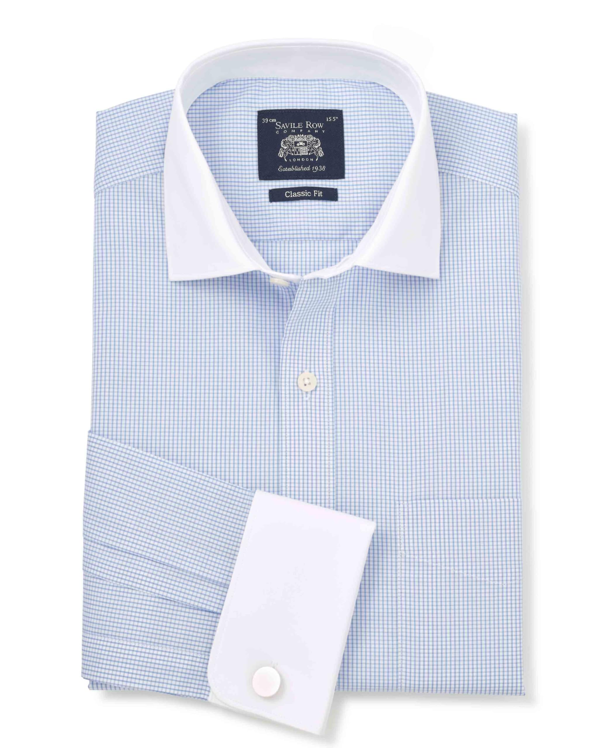 The Savile Row Company London Men's Sky Blue Window Check / White Collar & Cuffs Classic Fit Cotton Poplin Double Cuff Winchester Formal Shirt - 18.5" Collar