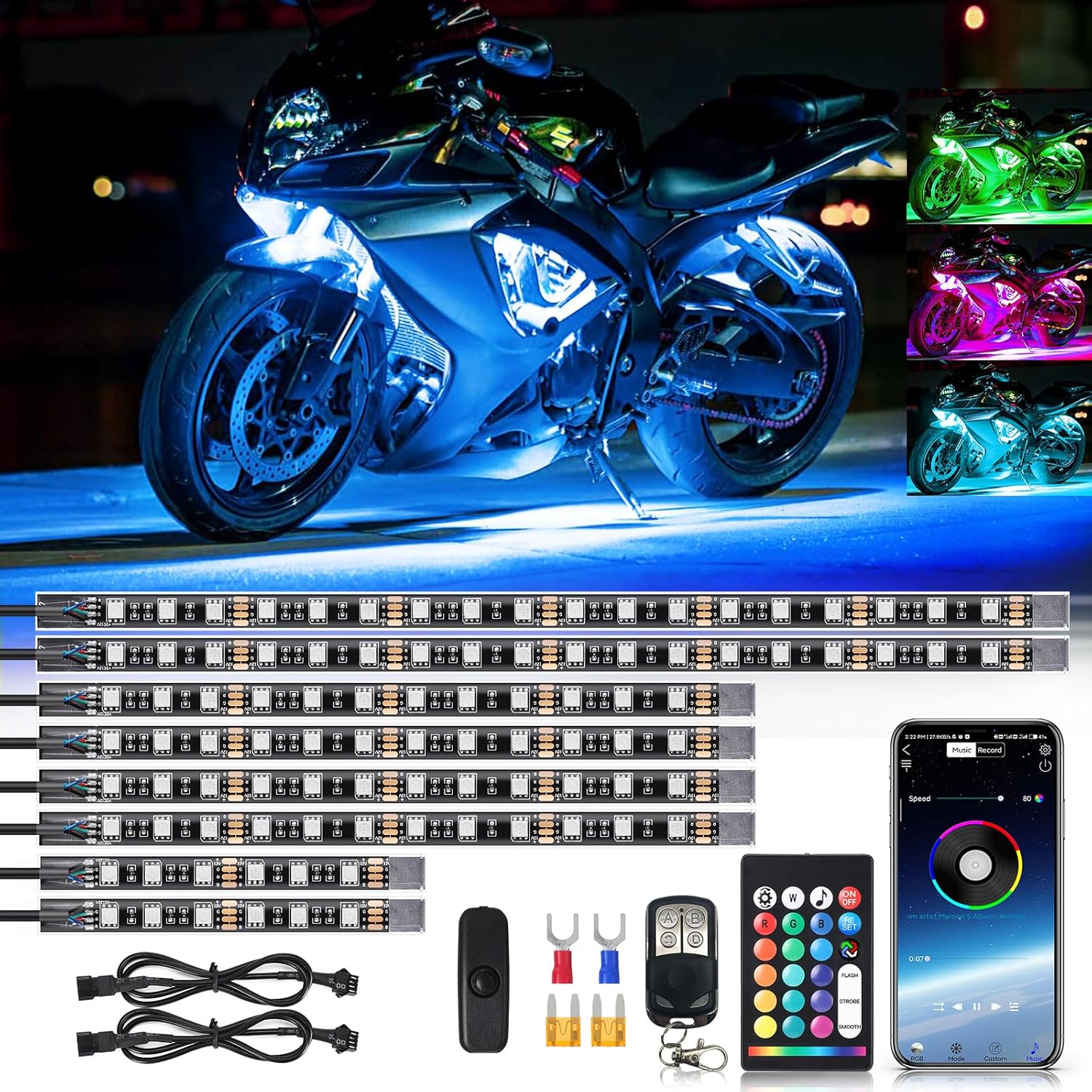 8PCS Segmented Motorcycle RGB LED Light Kits with Brake Turn Signal, Underglow Lights with APP/Dual Remote, Multicolor 12v Waterproof Underbody Neon Strips Lights for Harley Honda Kawasaki 8PCS Segmented Motorcycle RGB LED Light Kits with Brake Turn Signal, Underglow Lights with APP/Dual Remote, Multicolor 12v Waterproof Underbody Neon Strips Lights for Harley Honda Kawasaki