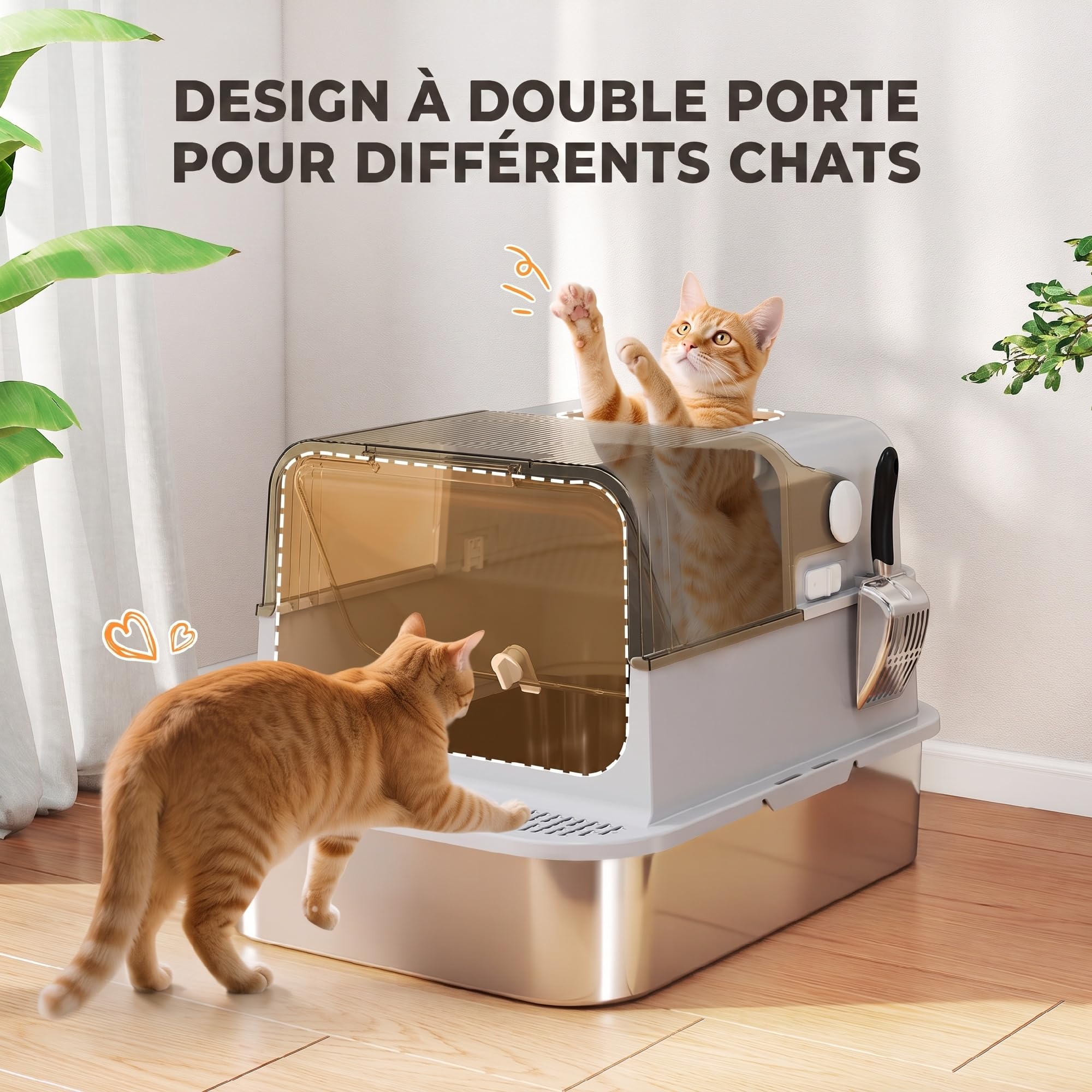 PawHut Maison de Toilette pour Chat XXL en Acier Inoxydable - Bac à Litière Fermé pour Grand Chat, Couvercle 90°, Double Porte, Filtre Frontal, Pelle - Facile à Nettoyer, 70x50x46,5cm, Gris