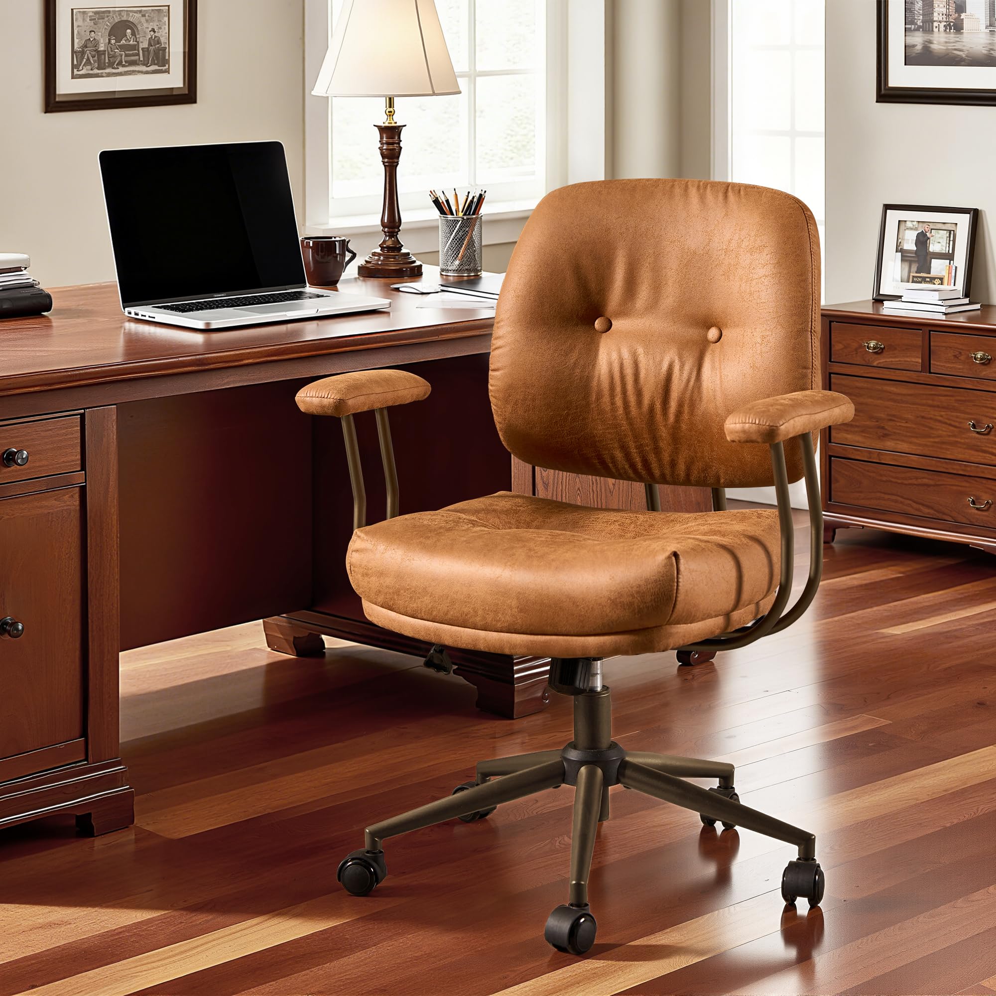 Leather Home Office Chair, Mid Back Ergonomic Desk Chair with Lumbar Support, Mid Century Modern Deep Seat Swivel Rocking Computer Chair, Brown
