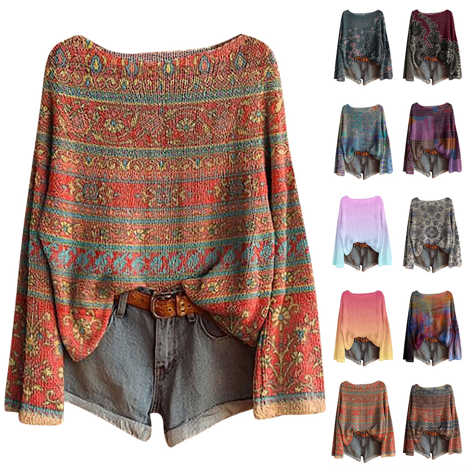 Casual Trendy Sweater for Women Fall Clothes Boho Shirts Pullover Winter Cozy Knitted Fashion Long Sleeve Tops