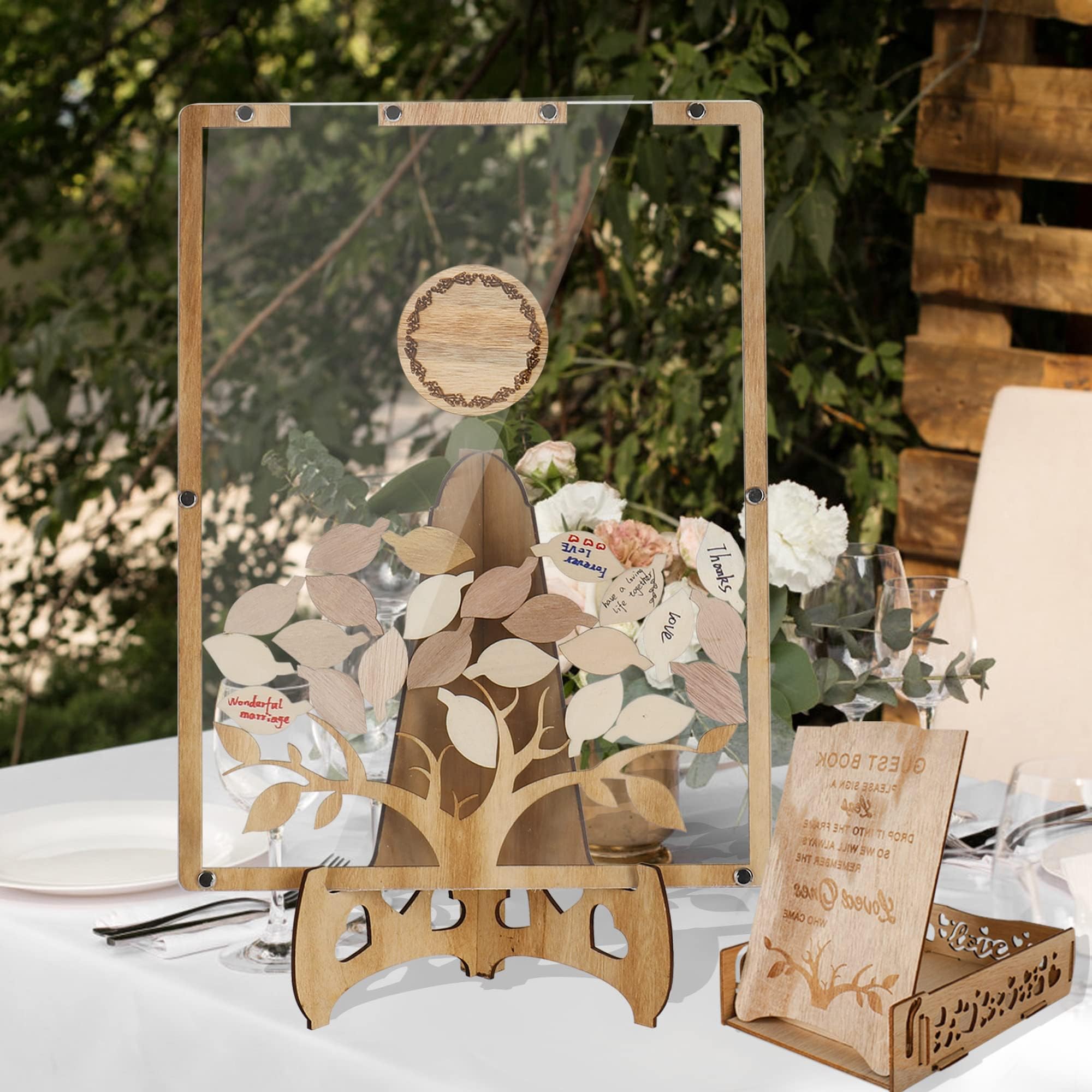 Teabelle Wedding Guest Book Alternative with Box and 100 Sign for Reception Party, Wooden Rustic Wedding Anniversary Guestbook Decorations, Bridal Baby Shower Personalized Wedding Party Favors