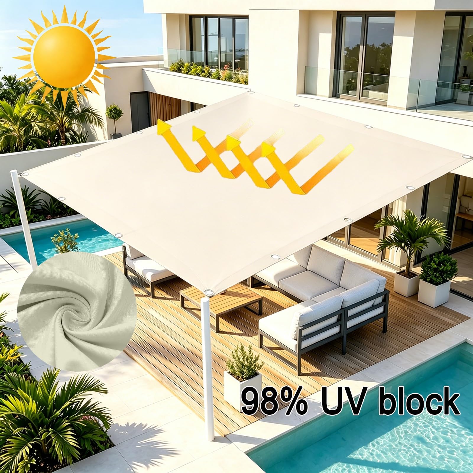 Voile d'ombrage Imperméable 140 x 220 cm 98% UV Protection PES Résistant à l'eau Rectangulaire Protection Solaire Durable Filet D’Ombrage Rectangulaire pour Patio Jardin, Blanc cassé