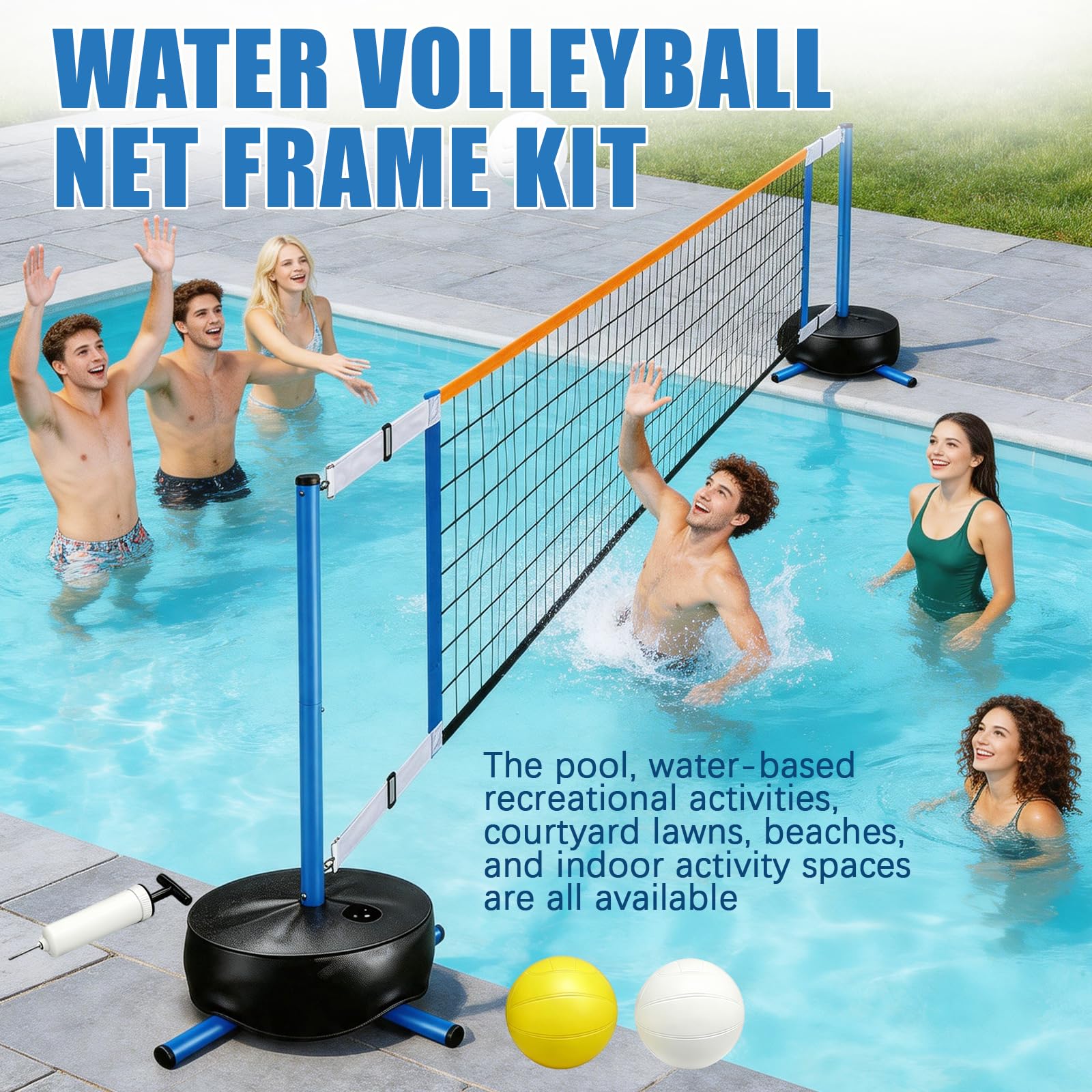 Ensemble De Volleyball Aquatique, Filet Portable pour Adultes avec Sac à Eau De 20l Et Pompe à Air pour des Parties De Piscine Estivales Longueur RéGlable De 4,5 à 7,6 M