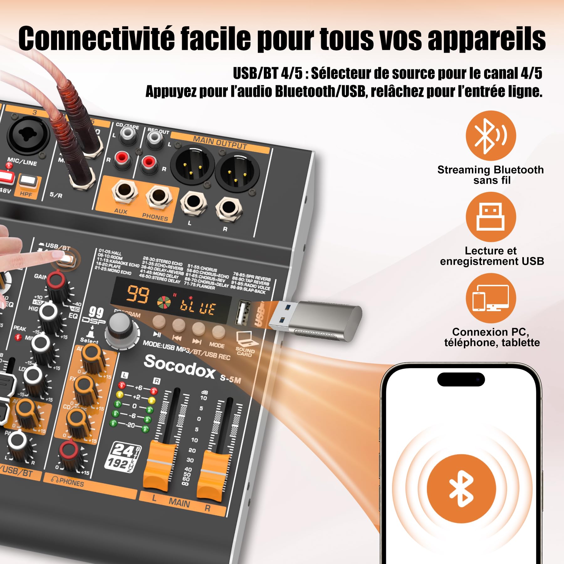 Table de mixage audio 5 canaux avec Bluetooth et 99 effets DSP