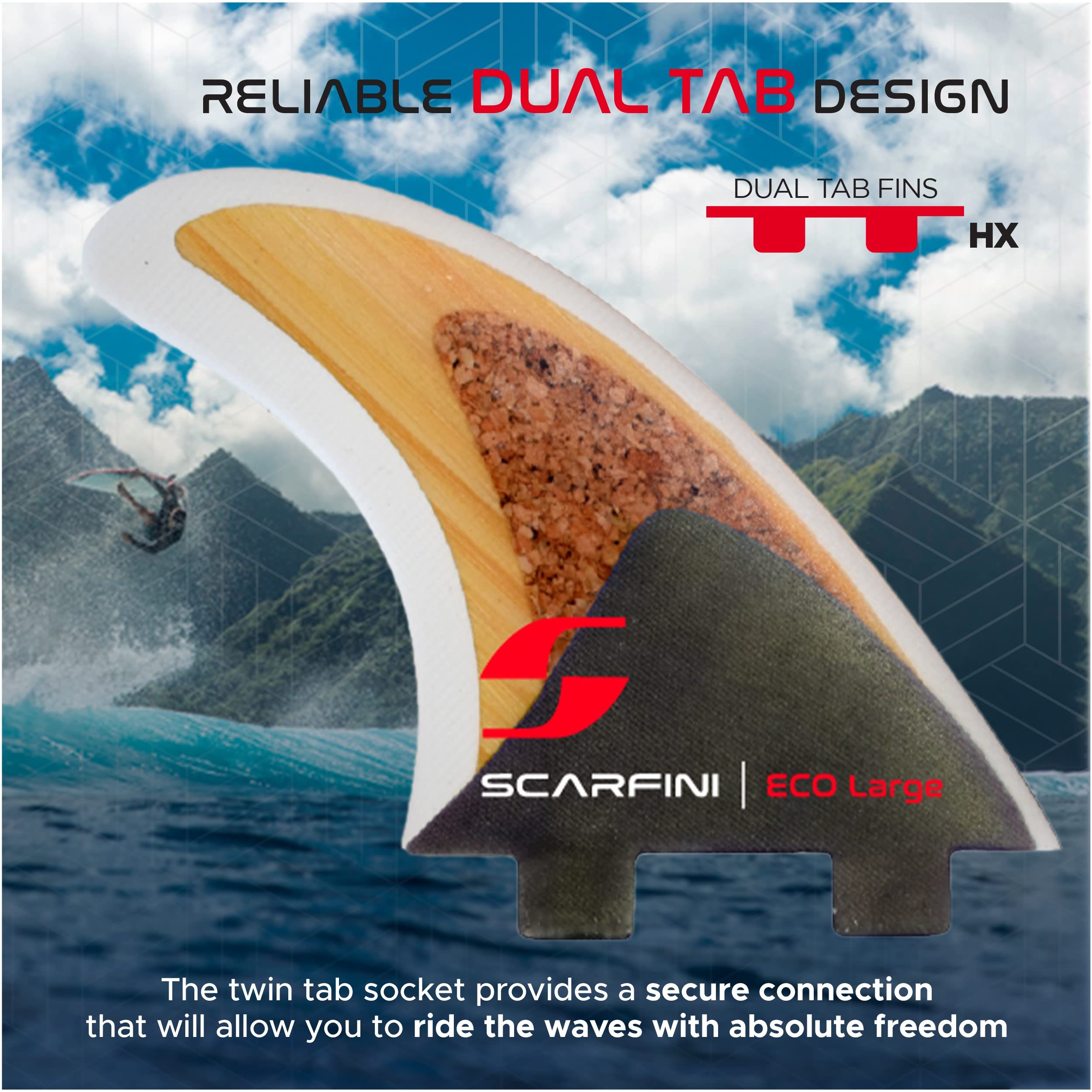 Scarfini · Equilibrium ECO Thruster (3 Fins Set) · Dual Tab, Large Size, Premium Handmade Surfboard Fins