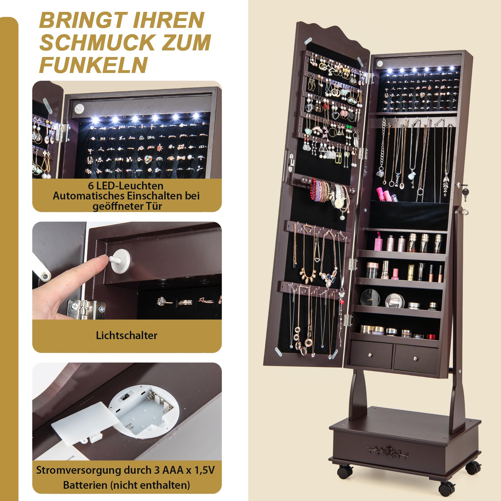 COSTWAY Armario para joyas con espejo, armario con espejo LED con cajón, organizador de joyas con cerradura, sobre ruedas, ideal para almacenamiento y maquillaje