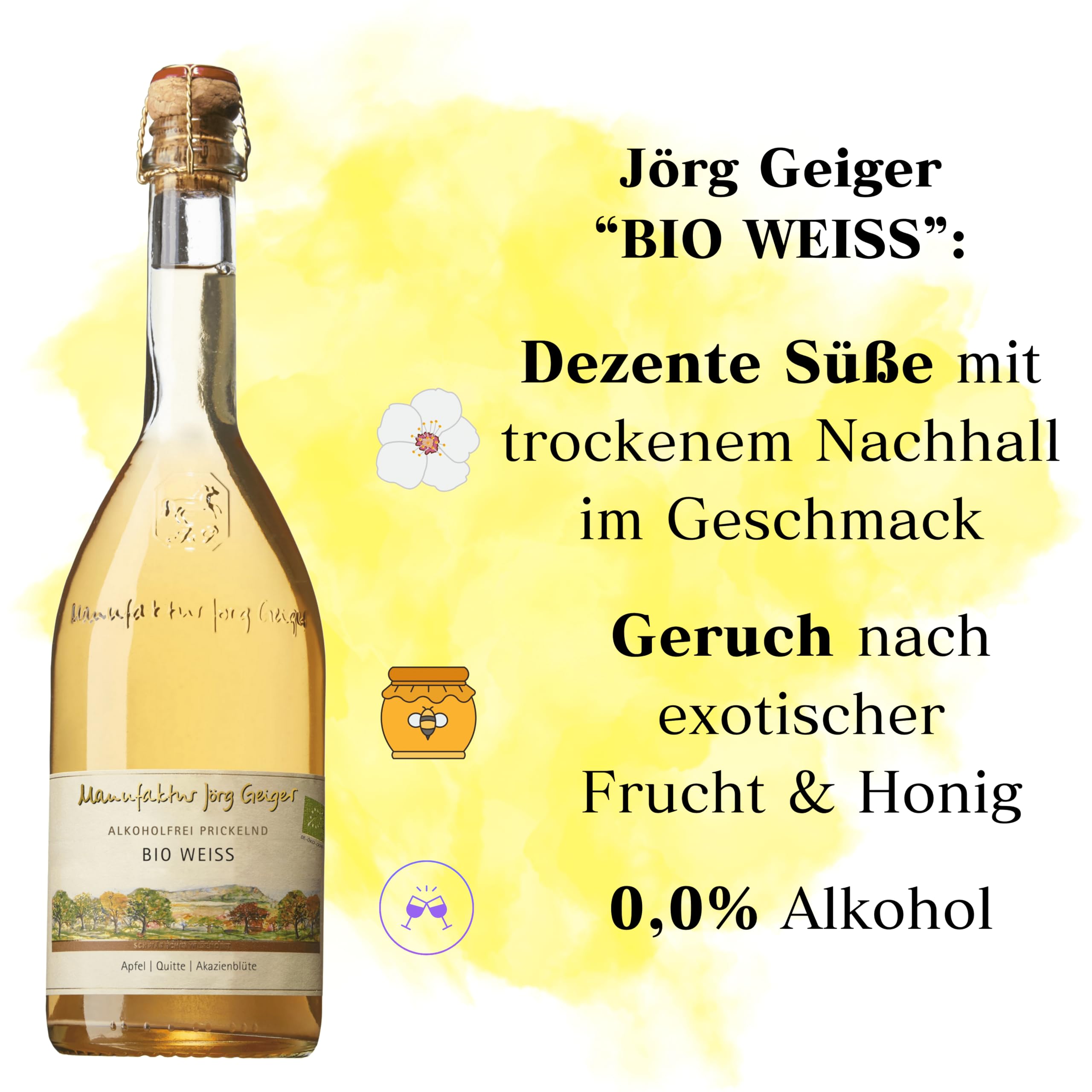 6er Probierpaket "Bio" Alkoholfrei Prickelnd, Jörg Geiger mit Gratis Sektverschluss