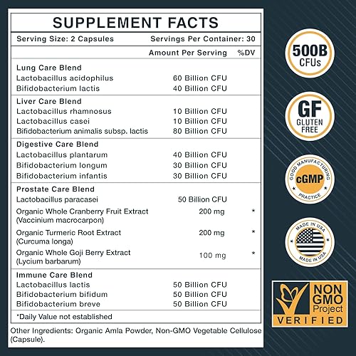 Miniatura 2 de Probióticos para hombres, 500 mil millones de UFC y 12 cepas, probióticos para la salud digestiva, probióticos para hombres con cúrcuma, arándano,