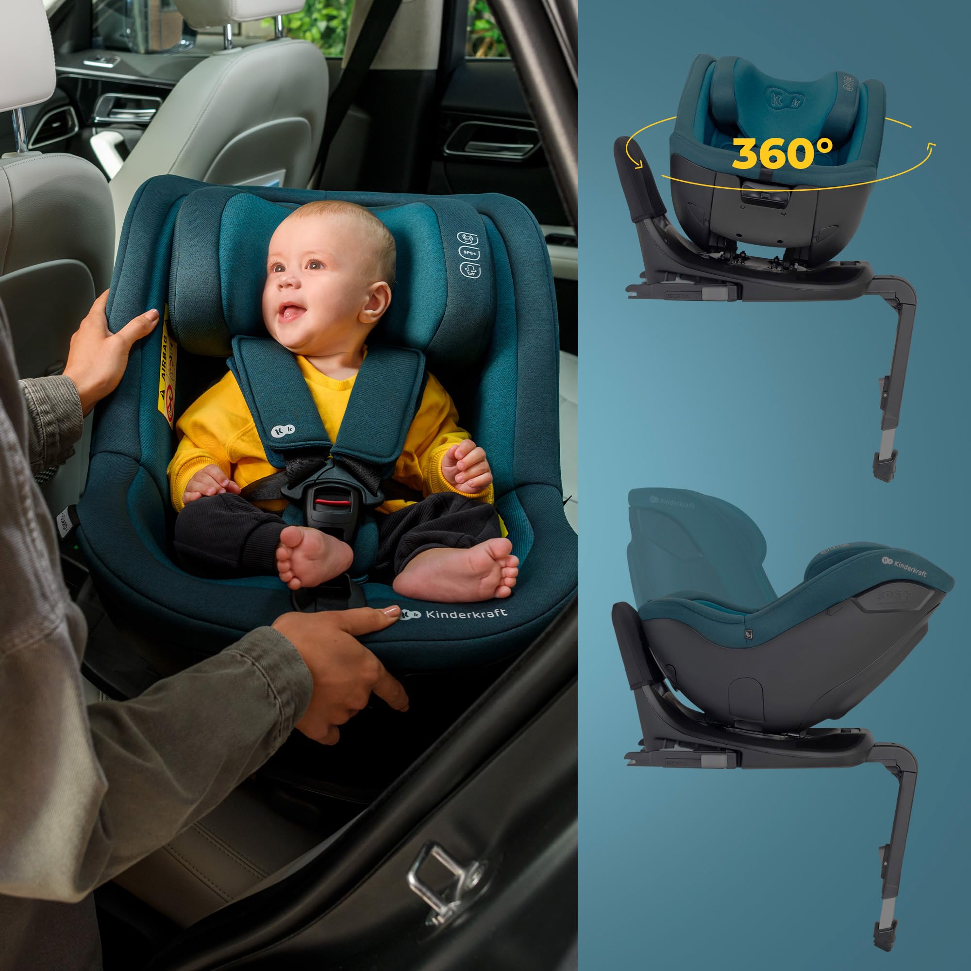 Kinderkraft I-GUARD i-size 40-105 cm Kindersitz mit Isofix base und Stützfuß, speziellen Sicherheitssystemen, Reboarder 360 grad drehbar, Reclining, Kopfstütze mit einer Hand einstellen, Grau