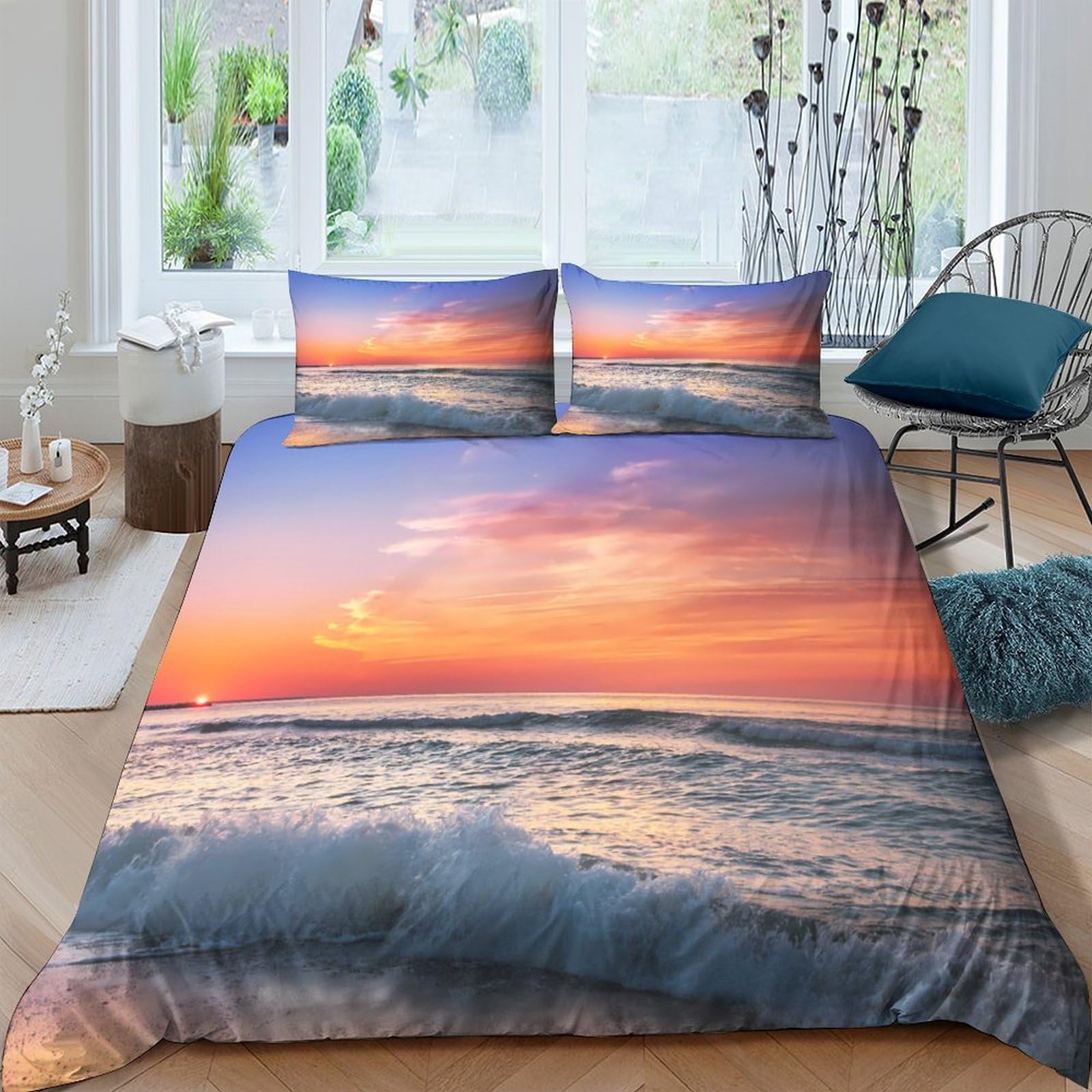 XFKLYNVCJ 3D Printed Sunset Beach Quilt Cover Brushed Microfiber Ocean Sunset Comforter Cover Shrink Resistant Stain Resistant Lightweight for Family Home Daily Use Single（135x200cm）