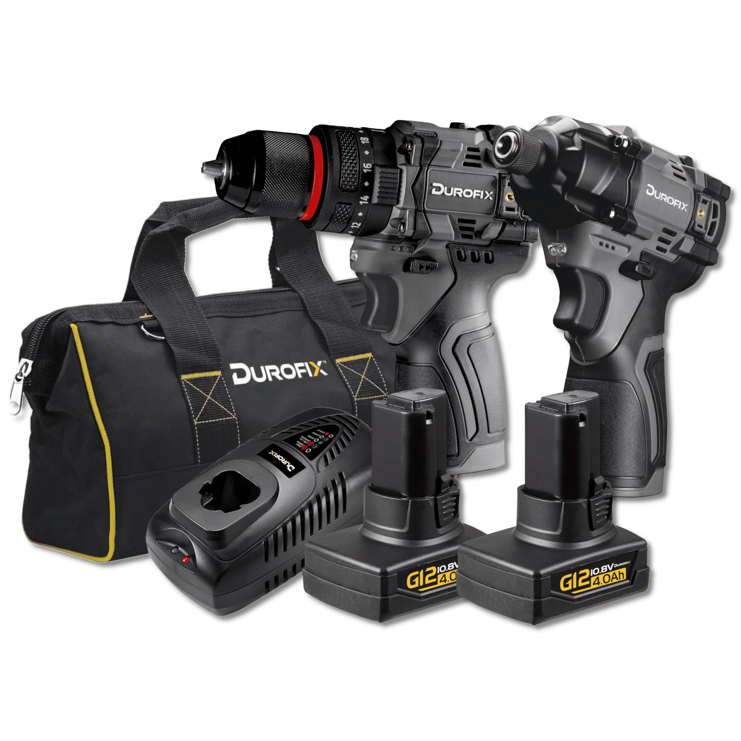 Durofix G12 Cordless Combi Drill and Sub-Compact Impact Driver Combo Kit with 2X 4.0Ah Batteries, Fast Charger, Canvas Bag, 50Nm Drill, 170Nm Impact Driver, LED Light - RK12136-K3G