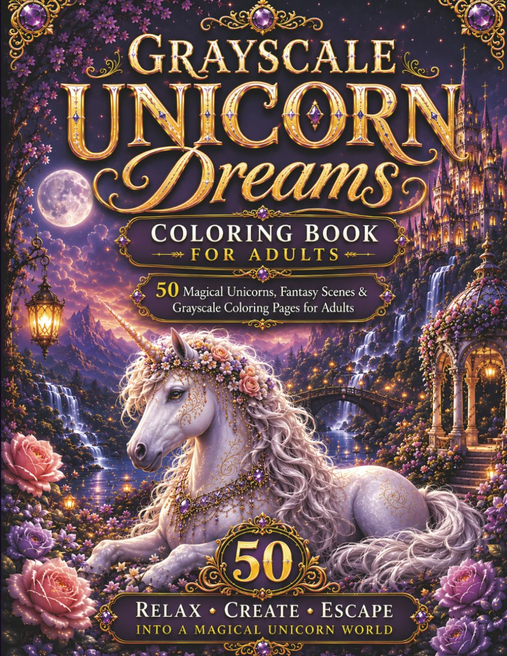 Grayscale Unicorn Dreams Coloring Book for Adults: 50 Magical Unicorns, Fantasy Scenes & Relaxing Grayscale Coloring Pages (BrightNova Grayscale Coloring Books)