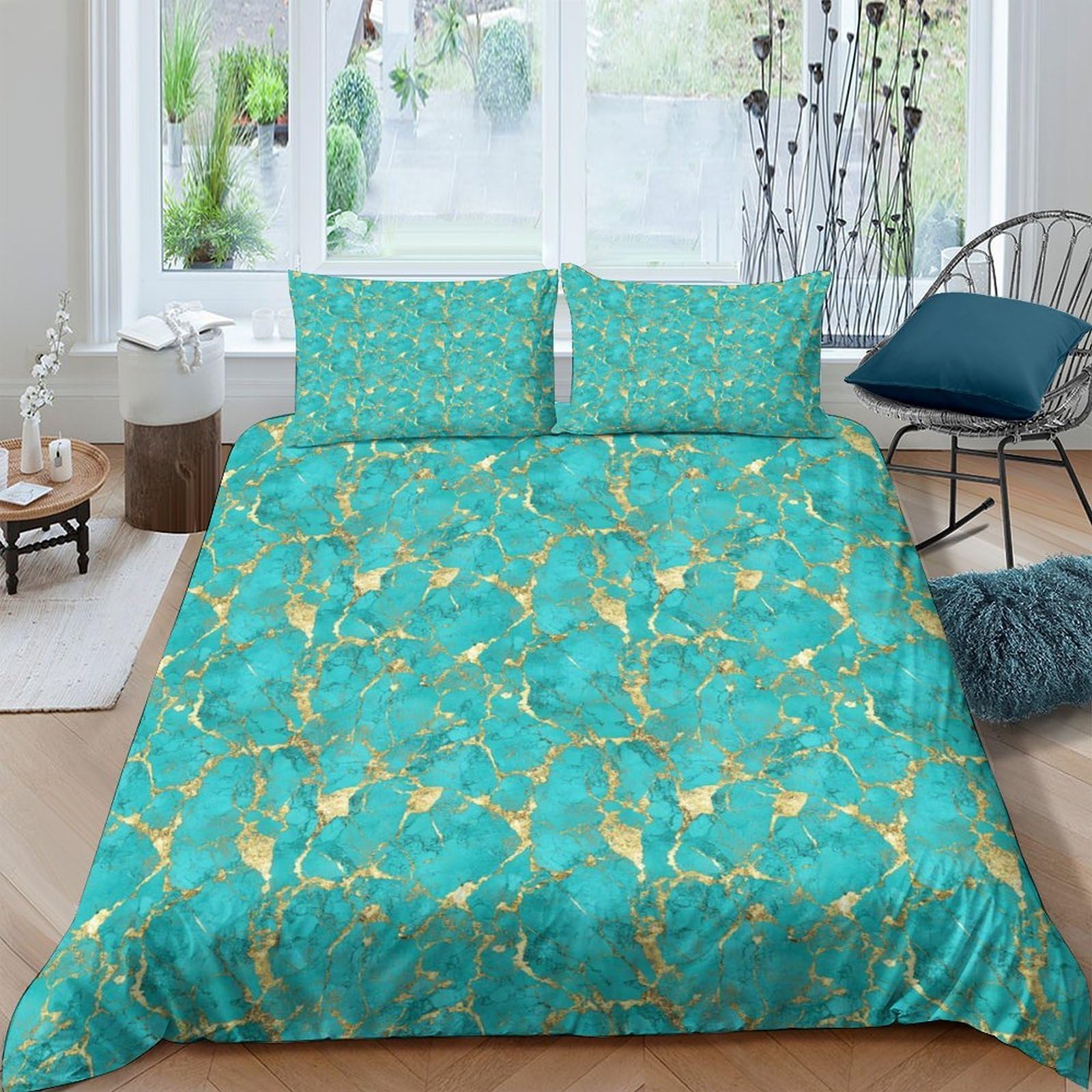 Ctjqhvkz Style-3 3D Printed Turquoise Marble Fitted Sheet Microfiber Soft Breathable Golden Veins Bed Cover For Bedroom Guest Room Single（135X200cm）