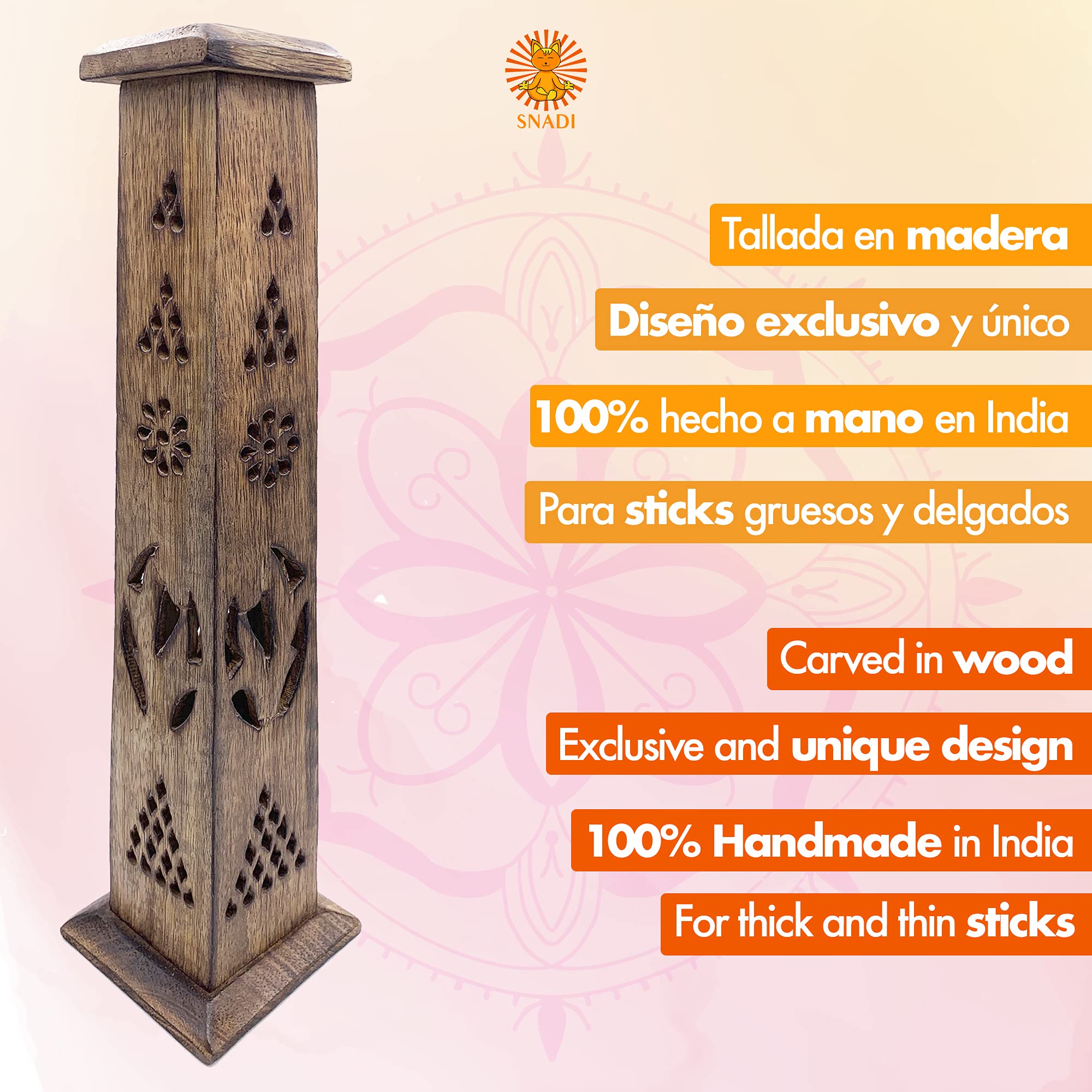 Kadzidło Palnik (Kadzielnica) Drewniana Wieża Ręcznie Rzeźbiona w Indiach - Ekskluzywny i niepowtarzalny design. 30x8x8 cm - Waga 190 g. Drewniany Stojak na Kadzidła M2