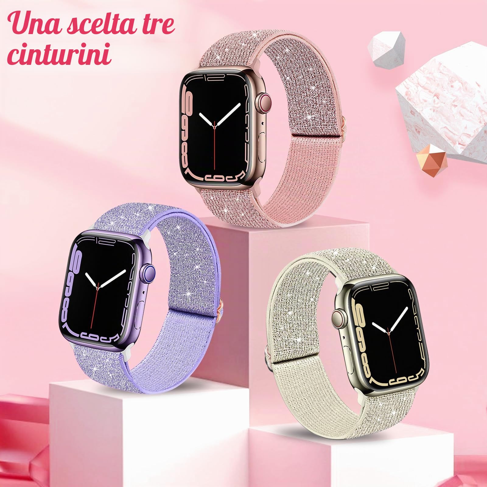 3 Pack Glitter Sport Loop Cinturino Compatibile con Apple Watch, Nylon Intrecciato Elastico Uomo Donna Cinturino di ricambio per iWatch Series 7 6 5 4 3 2 1 SE