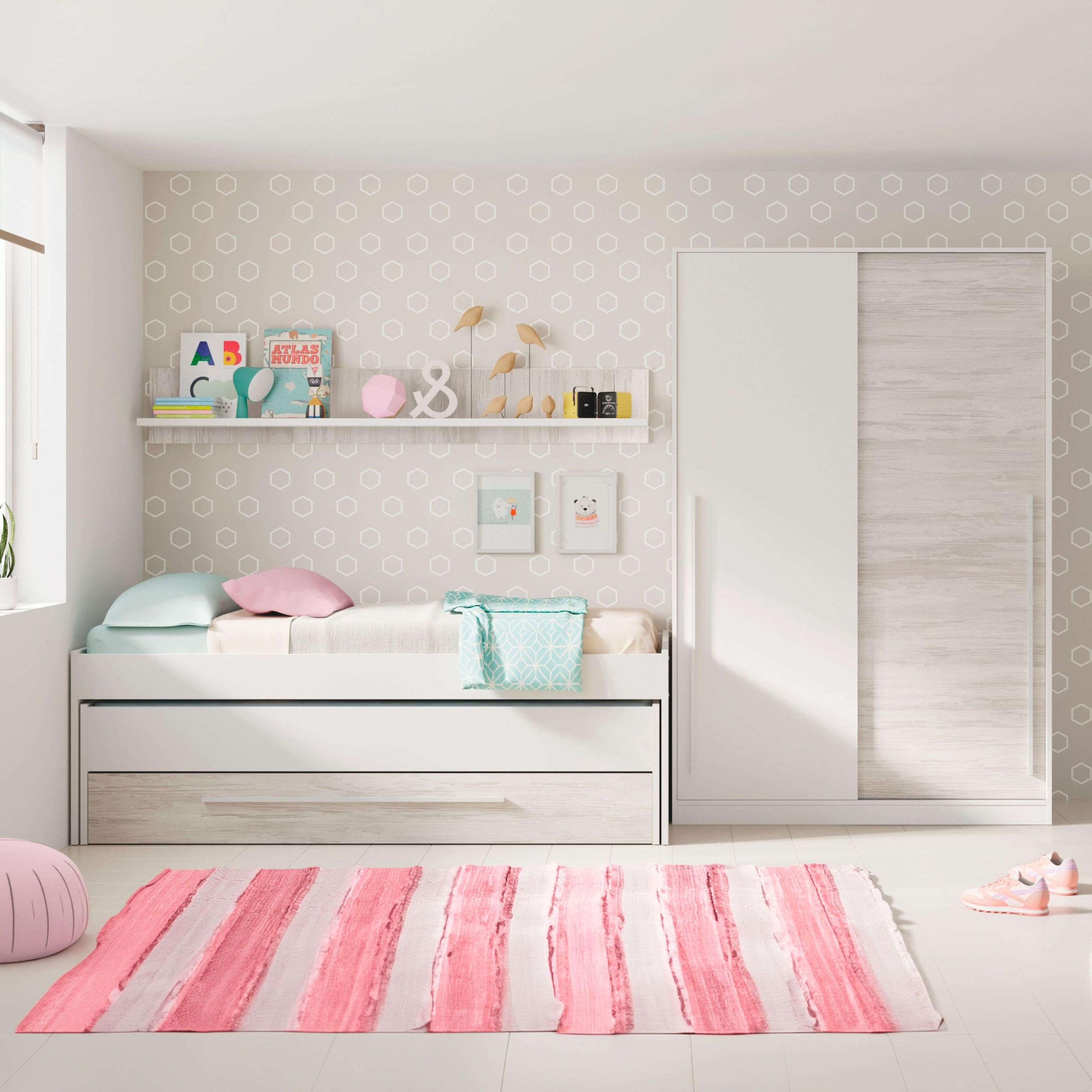Miroytengo Pack Muebles Infantil Juvenil Elliot Blanco (Cama Nido con Cajonera + Estantería + Armario Puertas Correderas + Somieres 90x190 cm)
