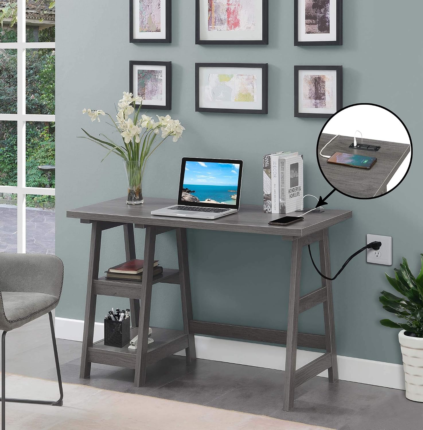 Convenience Concepts Designs2Go Trestle Desk with Charging Station and Shelves, Charcoal Gray