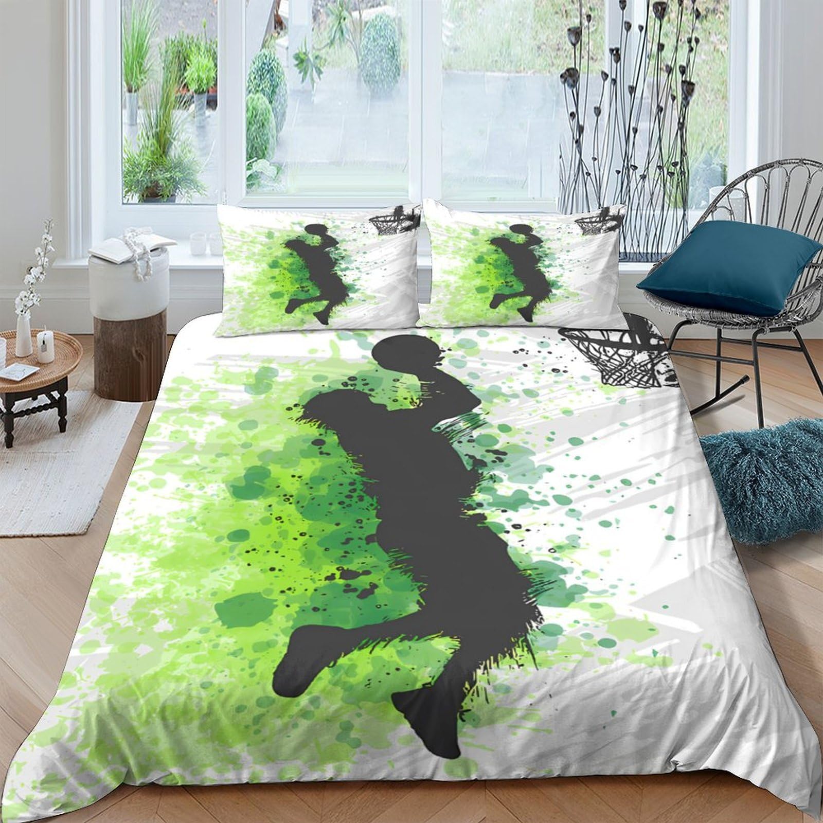 Ctjqhvkz Style-4 3D Printed Basketball Player Fitted Sheet Microfiber Splash Green Bed Cover Bedroom Decor Protection Single（135X200cm）