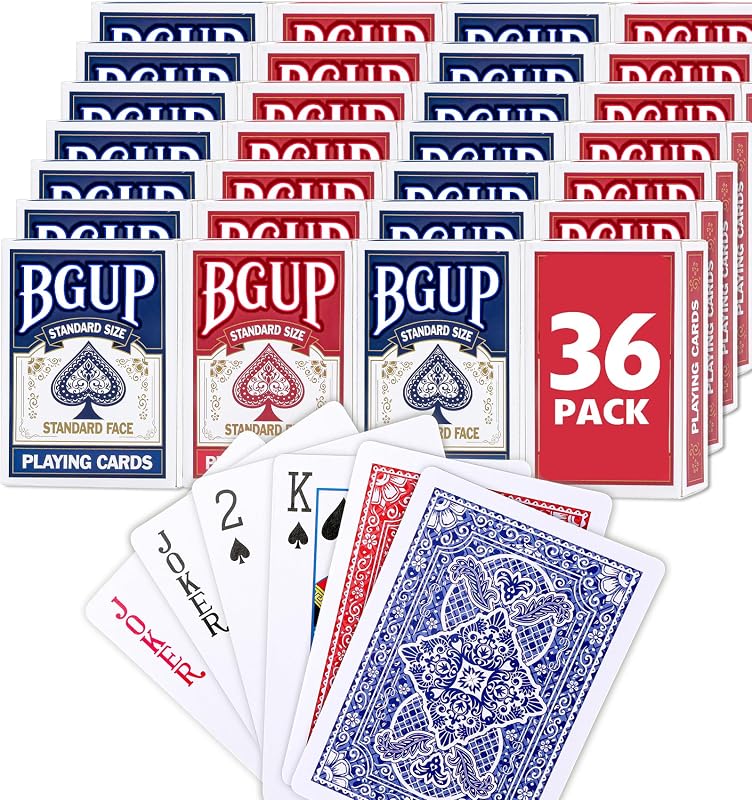 Naipes, 36 barajas de cartas, cartas de póquer de tamaño estándar a granel, perfectas para juegos de cartas clásicos, juegos de fiesta, blackjack, juegos de cartas para familias y actuaciones mágicas (rojo/azul)