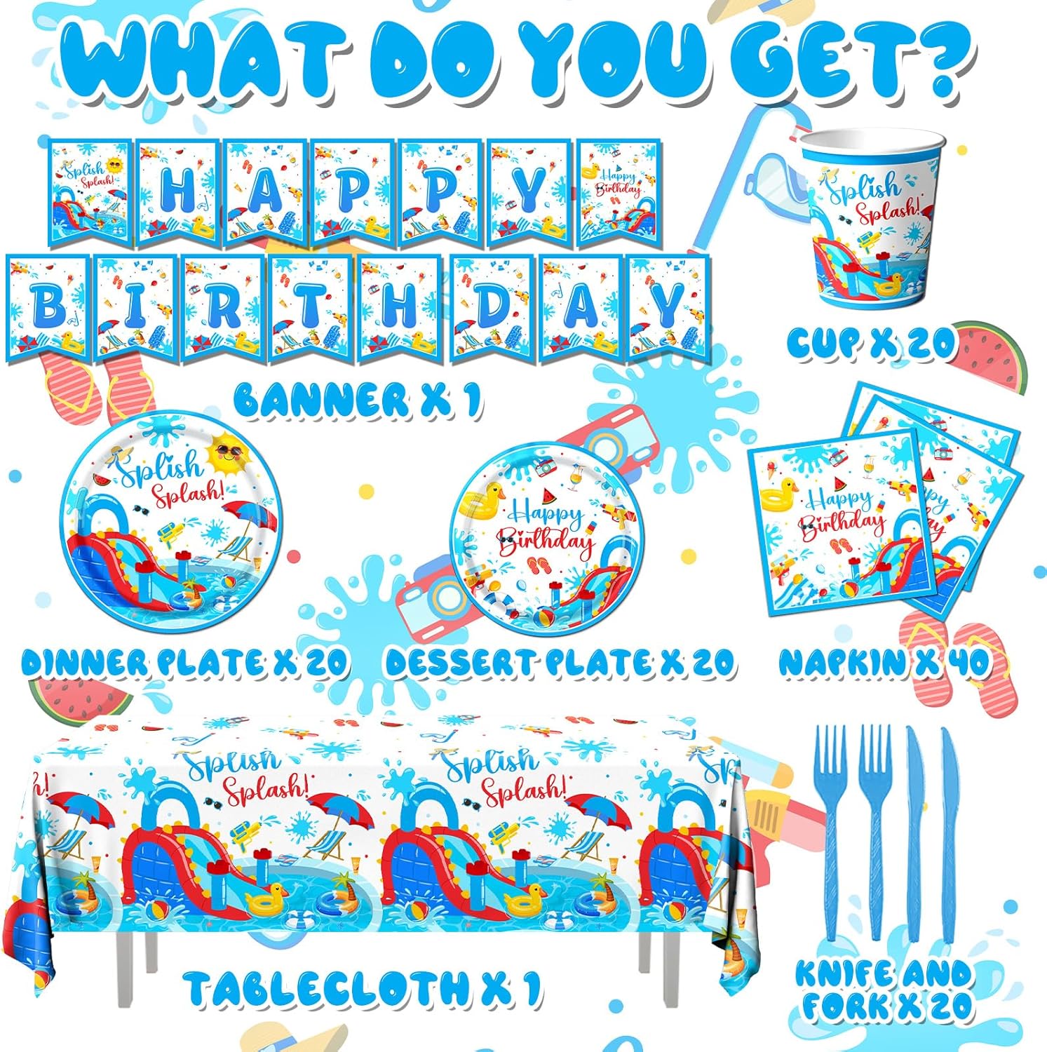 Splish Splash Birthday Decorations Tableware, 142 Pcs Summer Birthday Party Decorations includes Water Slide Party Decorations Plates and Napkins for Waterslide Party Decorations Pool Birthday Party