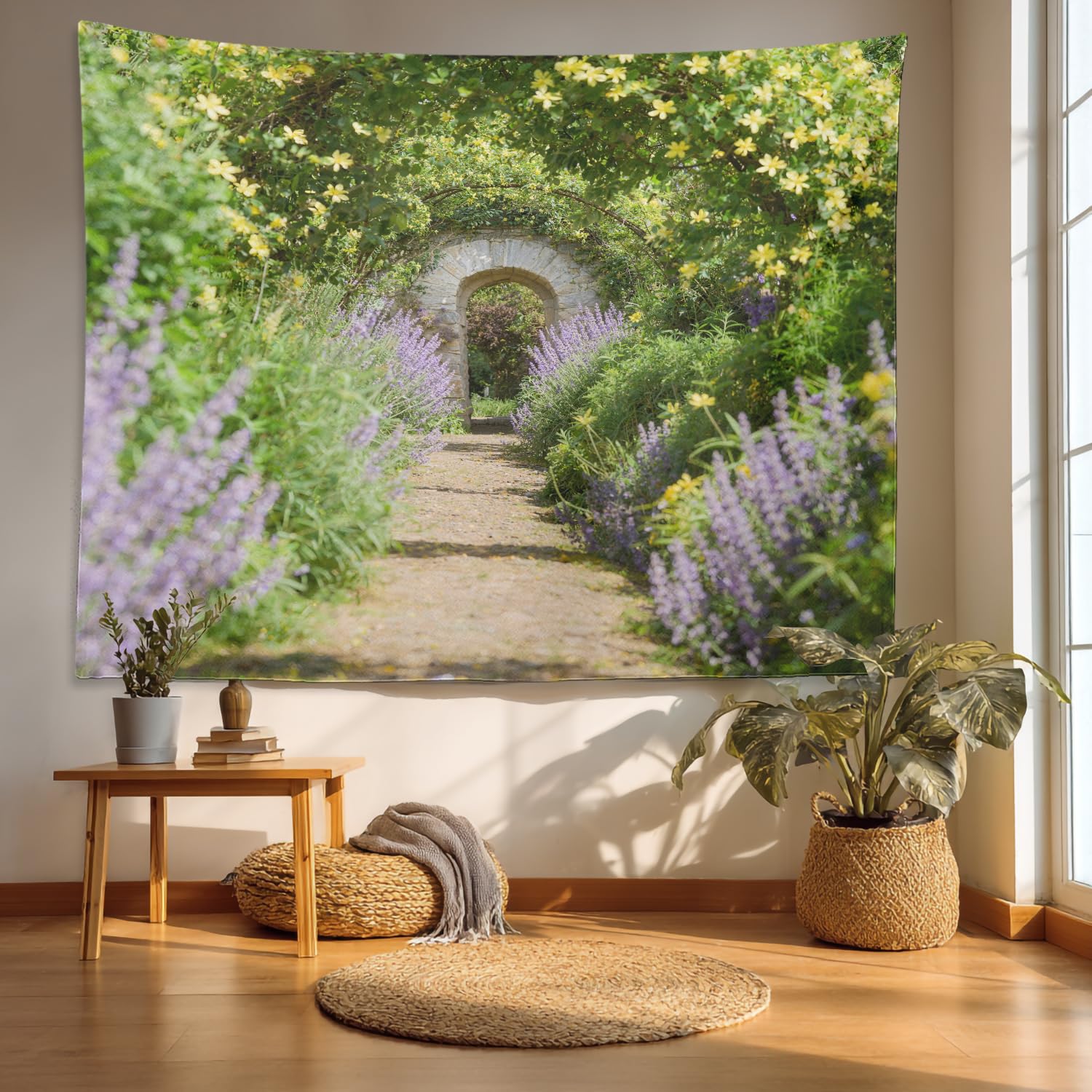 Batmerry Honeysuckle Arches Garden Tapestry, Path Sunny Day English Country Wall Art Hanging Decoration Polyester Fiber White Ruffled Around for Dorm Room Bedroom Living Room, 59.1x82.7 inches