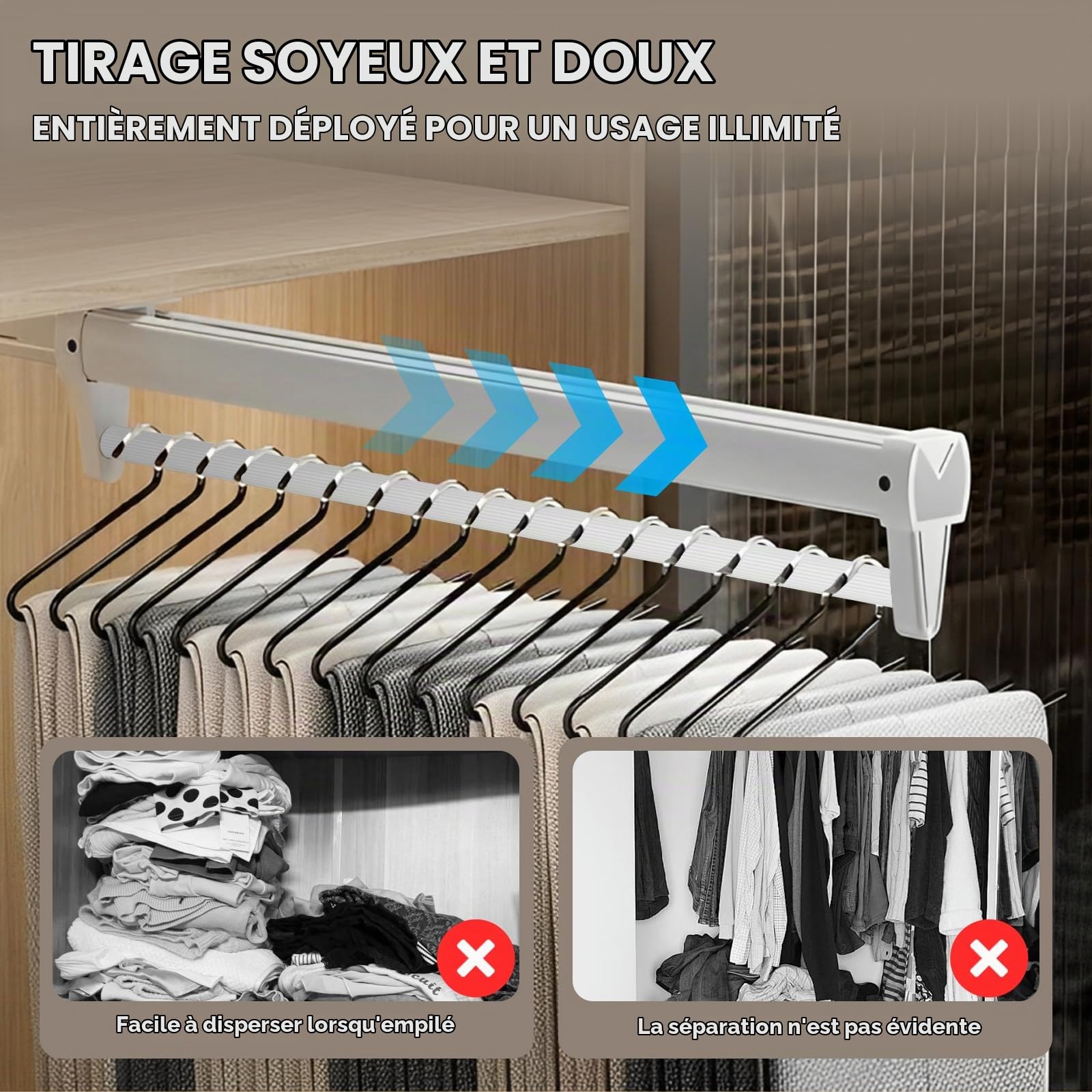 Porte Pantalon Coulissant,Tringle Coulissante Penderie 25-61 cm,Penderie Coulissante Idéal pour Les Petits Les Placards et Les Zones de Rangement,Organiser Les VêTements et Les Pantalons (56CM)