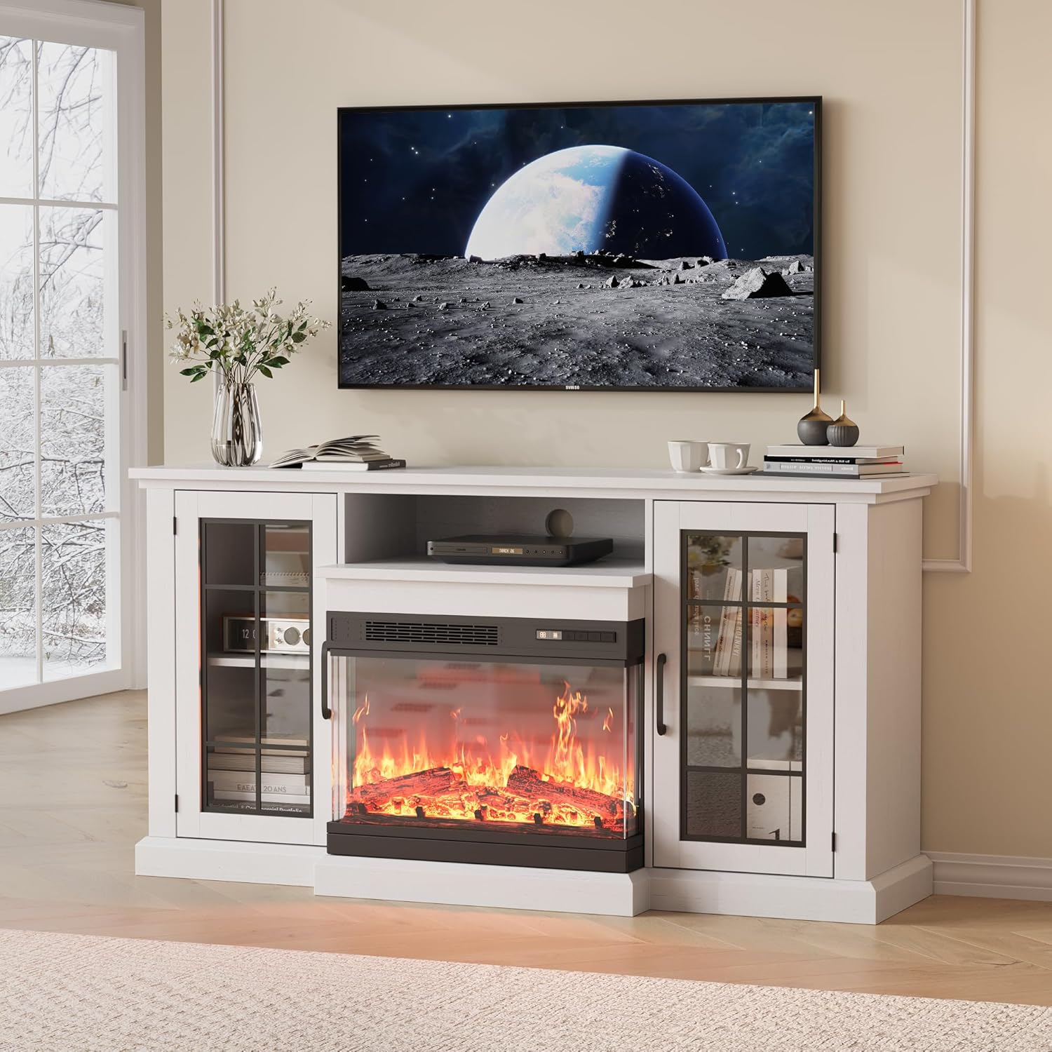 CABIHOME 59'' 3-Sided Glass Electric Fireplace TV Stand for TVs Up to 65'', Media Console with Closed Storage & Adjustable 12-Color LED Flames, Distressed White