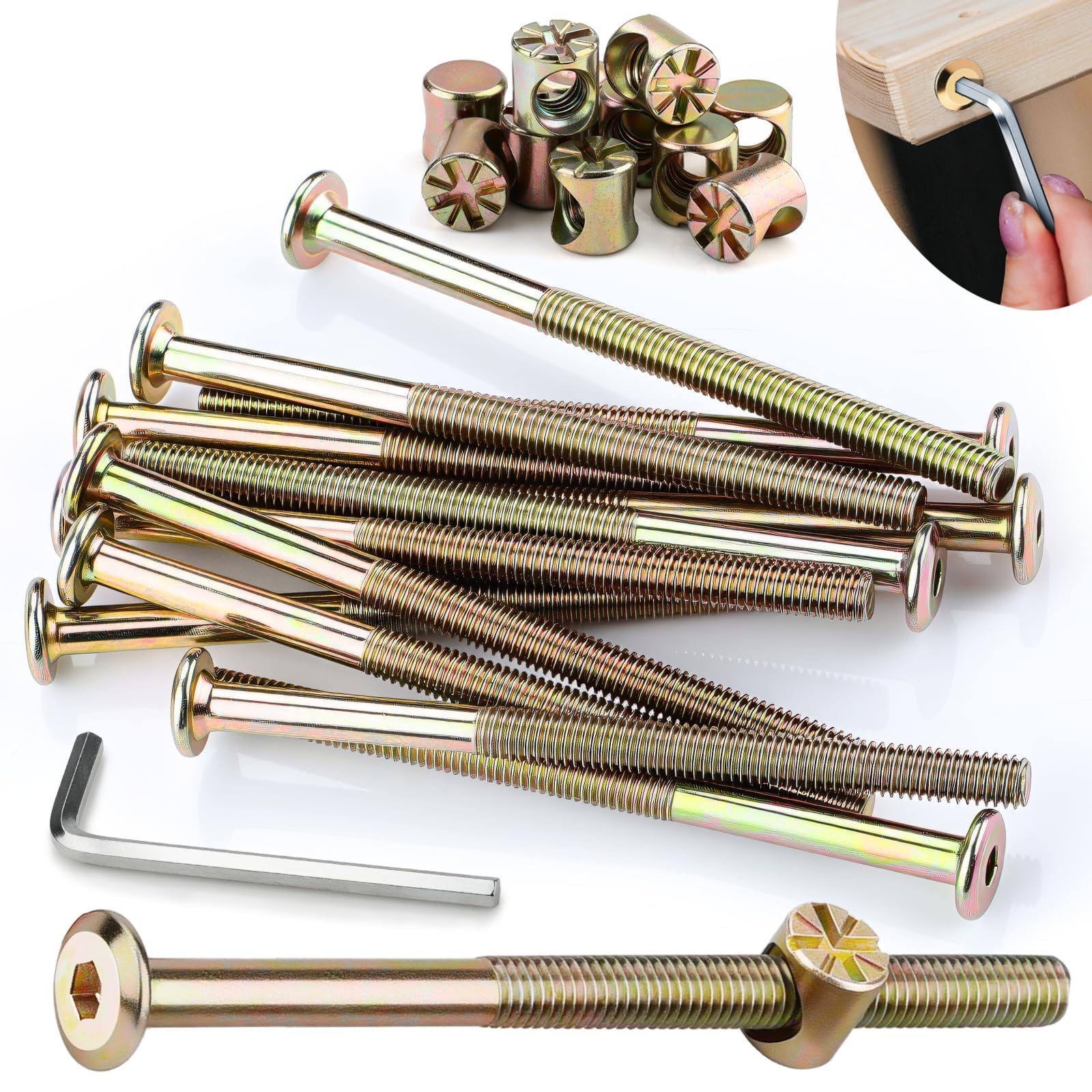 SWTYExt 12pcs Furniture Screws M6x120 mm Include Bed Bolts 120 mm Barrel Nuts M6 with Hex Key Furniture Bolts Zinc Plated Screws Hex Socket Head for Beds Cots Chairs