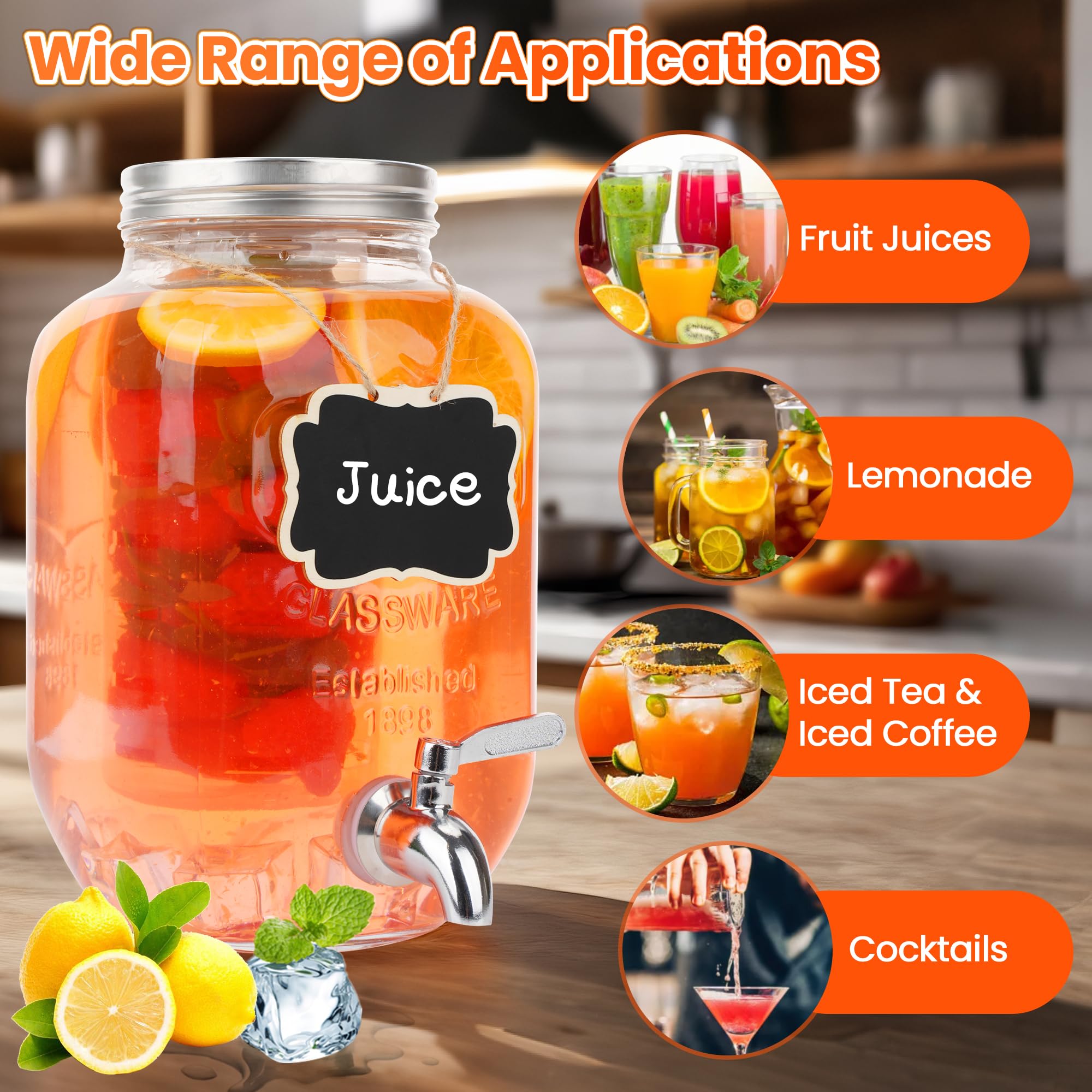 Juego de 2 dispensadores de bebidas de vidrio para fiestas, dispensadores de bebidas heladas de 1 galón con soporte, dispensador de jugo con infusor de frutas y espiga a prueba de fugas, ideal para