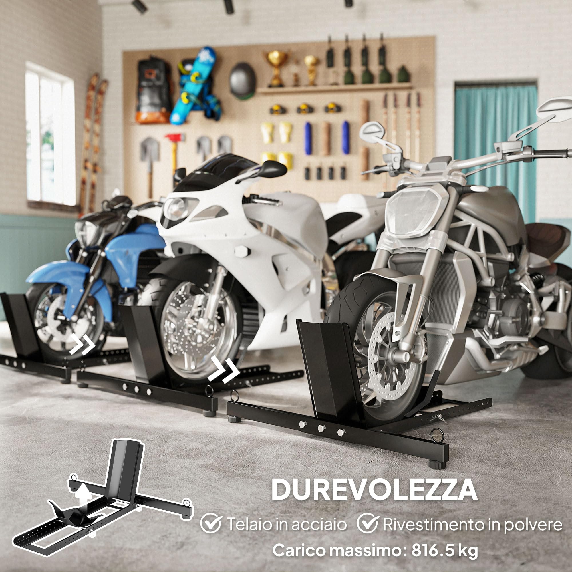 HOMCOM Cavalletto Bloccaruote per Moto Staffa Regolabile Ø34-84 cm Nero