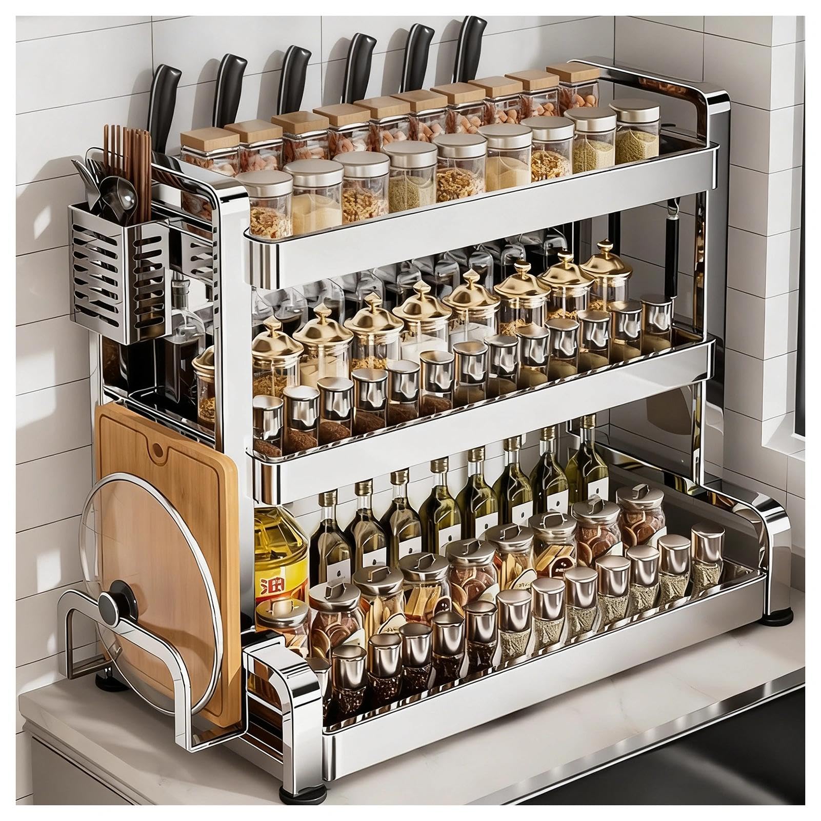TIANQIHAO Stainless Steel Spice Rack With Hooks And Knife Holder,Metal Storage For Office And Living Room,3 Tier-15.7in