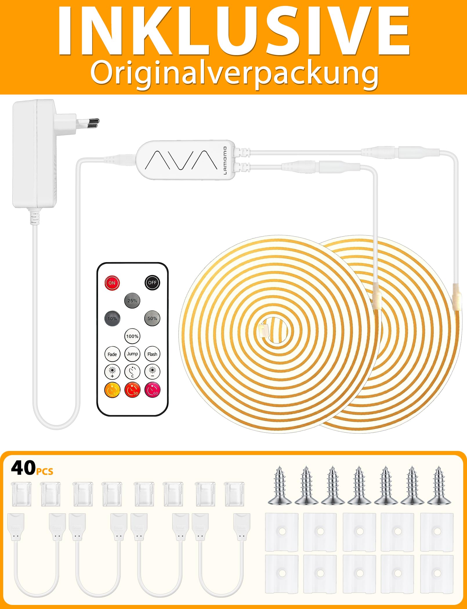 Lamomo Tira LED COB de 20 m, 2 rollos de luz blanca cálida, regulable, resistente al agua, 3000 K, con mando a distancia, 10 mm de ancho, barra de luz flexible de silicona para dormitorio, interior