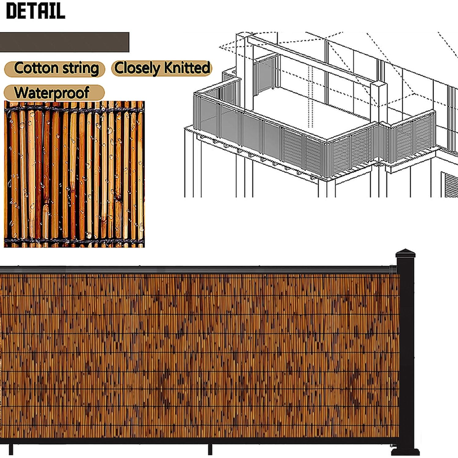 Natürlicher Bambus Zaun für den Privatsphäre, 1,8 x 7,9 m, brauner Bambus Zaun für Terrasse, Garten, Pool und Balkon, stilvolle Lösung für den Privatsphäre, resistent