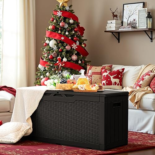 GUNJI Caja de resina de 100 galones, caja de almacenamiento grande para exteriores, resistente a la intemperie y a los rayos UV, contenedor de