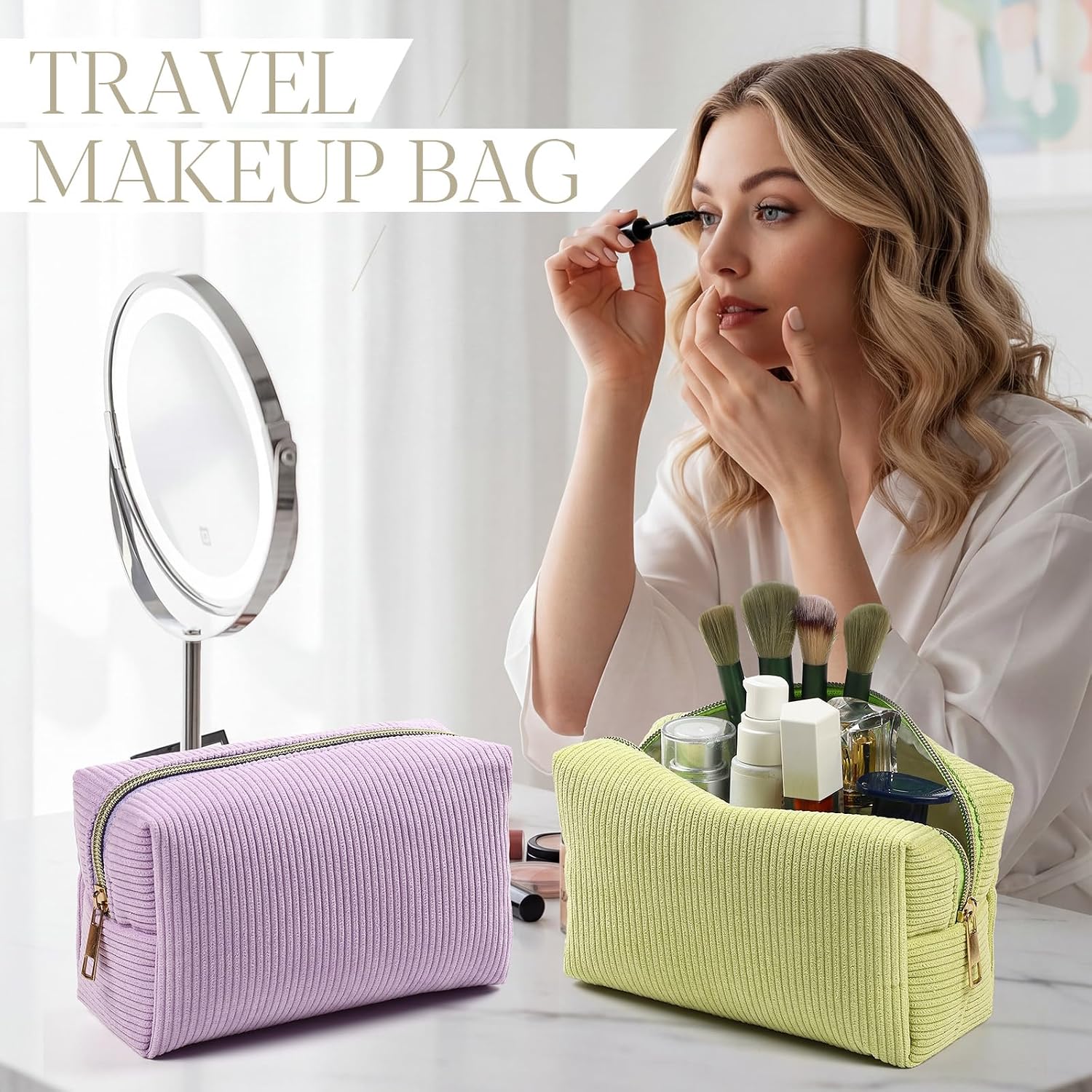 Paterr 6 Pcs Corduroy Makeup Bags Bulk Preppy Cosmetic Bag Fluffy Makeup Pouch Corduroy Cute Travel Handbags Zipper Organizer Toiletry Bag for Women Accessories Wedding Bachelorette Gift(Macaron)