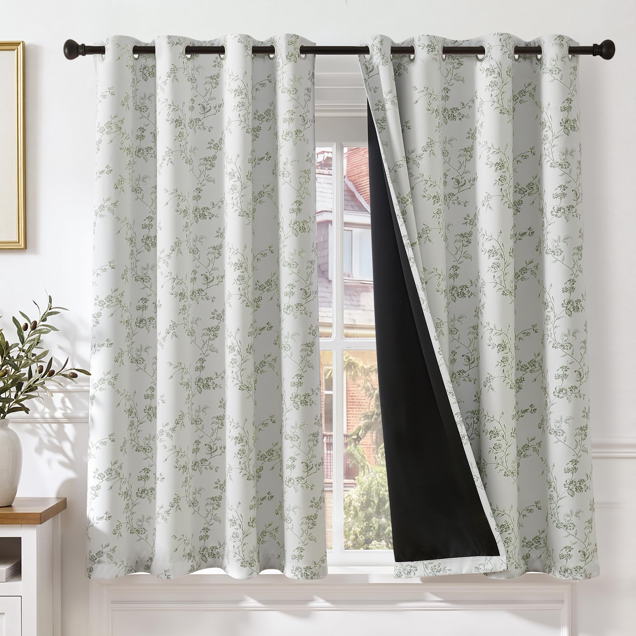 TOPICK Floral 100% Blackout Curtains for Bedroom Living Room W52xL54 Green