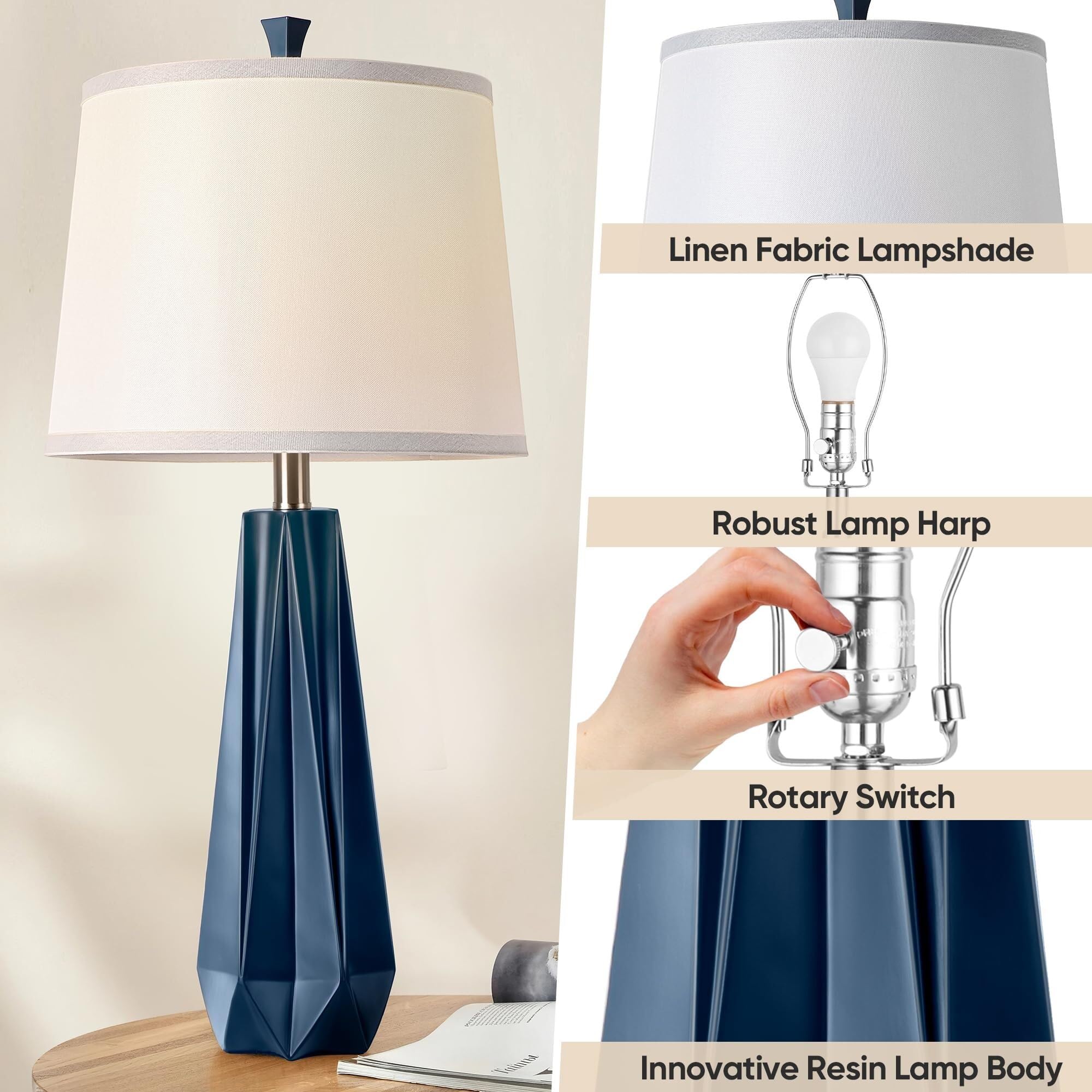 CCXXYGWJ Set Lampada da Tavolo in Resina - Temperature di Colore Blu e venature del Legno, Elegante Paralume in Lino, Adatto per Camera da Letto, Arredamento per Ufficio (venature del Legno Chiaro)