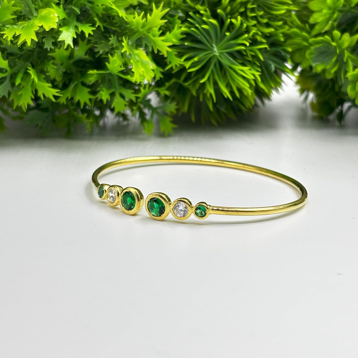 Three Stone Green Emerald & Diamond Cuff Bangle Bracelet for Women, 14K White Gold Finish May Birthstone Emerald Adjustable Bangle