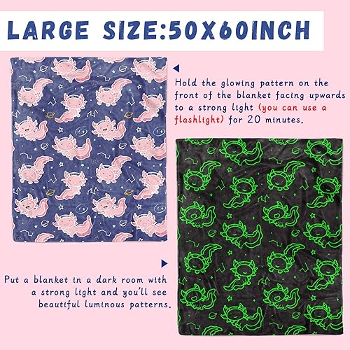 Miniatura 6 de Manta que brilla en la oscuridad, diseño de ajolote rosa, para niños y niñas, bonita, acogedora, suave, brillante, tamaño individual, color azul,