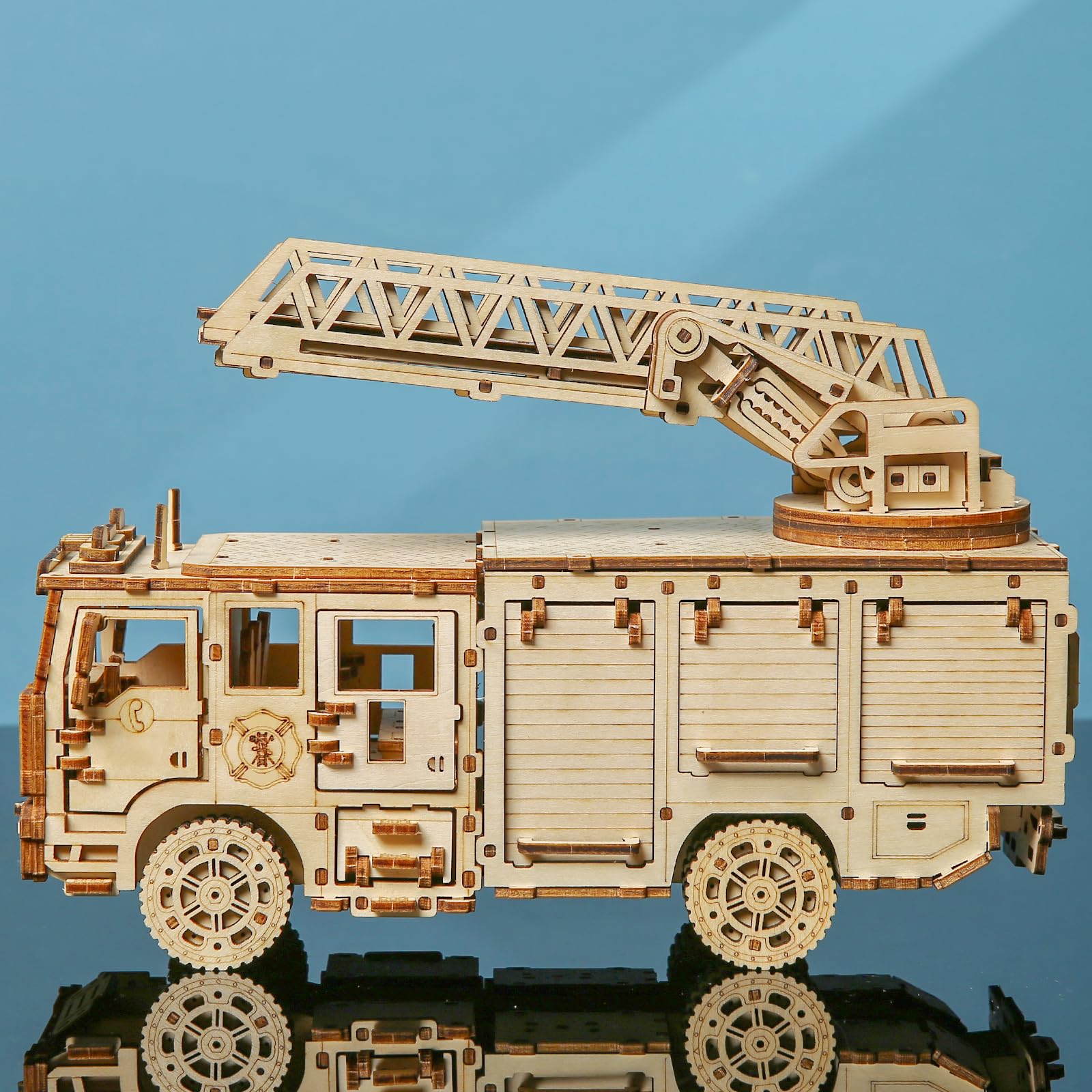 Puzzle 3D en bois pour adultes - Kit de modèle mécanique de camion de pompiers, camion échelle avec perche extensible, kit de loisirs créatifs pour décoration d'intérieur, cadeau pour homme