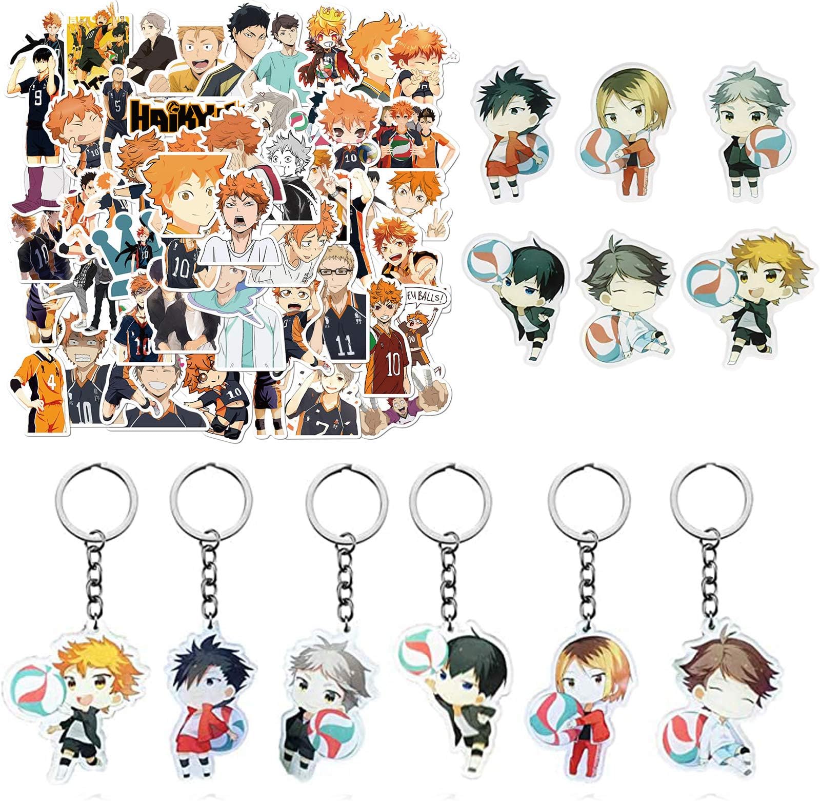 Finduat 62 Pcs Haikyuu Stickers Keychains Button Pin Set, 6 Pack Karasuno Nekoma Anime High School Doomed Battle keychain, 6 Pack Haikyuu Button Pin, 50 Pcs Haikyuu Stickers for Kids, Girls, Boys Cosplay Set