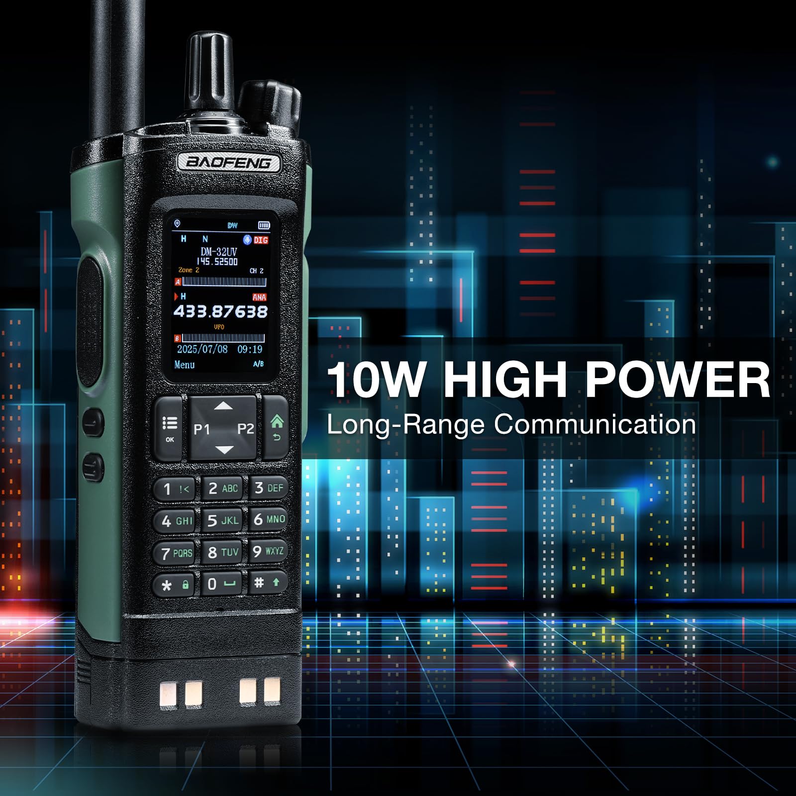 Radio BAOFENG DM-32UV DMR 10W portatile UHF/VHF/AM/FM con GPS e APRS digitale, doppio slot Tier II, display 2", 4000 canali, zielona