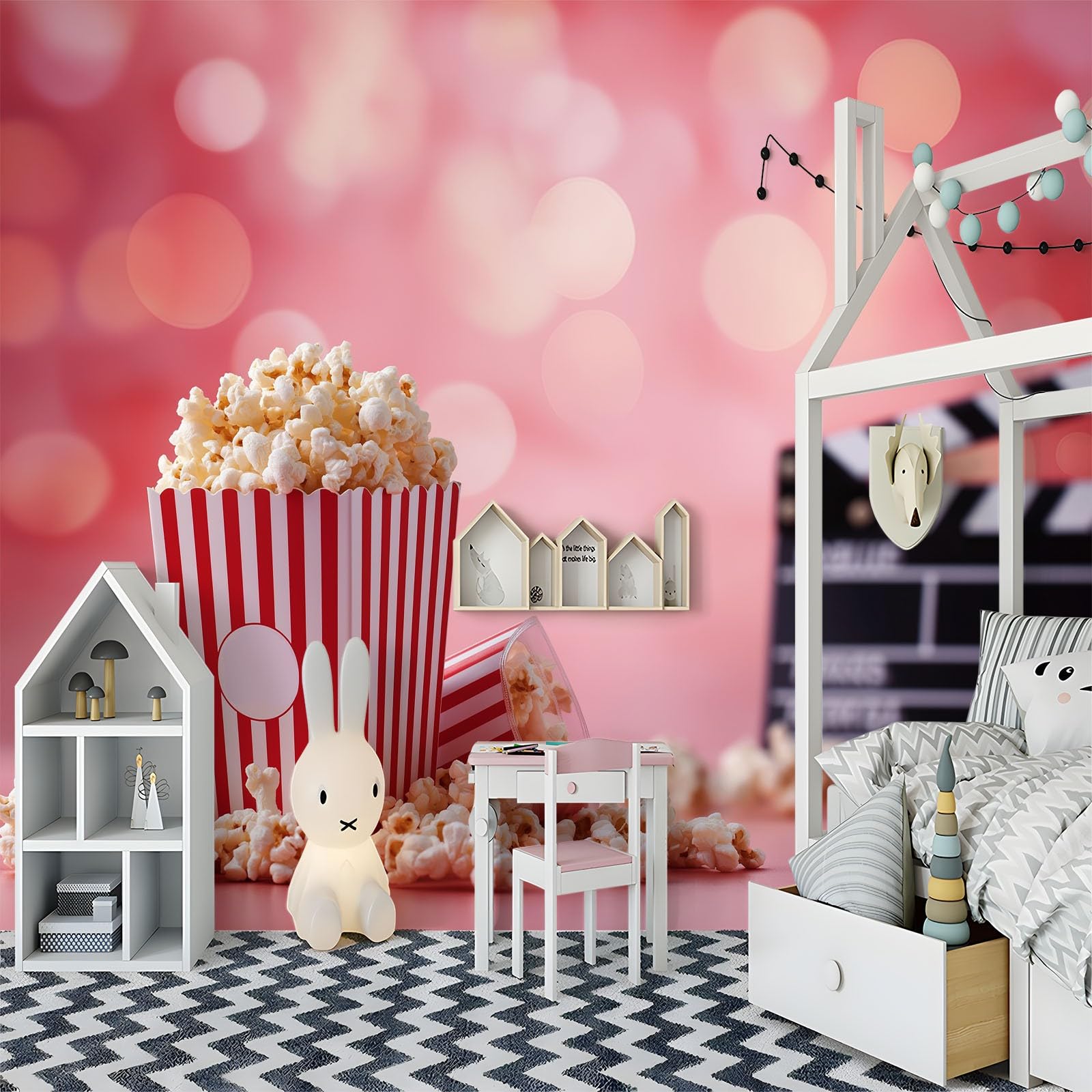 Różowa tapeta w stylu kinowym 350 x 256 cm, tapeta z włókniny retro popcorn do salonu sypialnia przedpokój tło telewizora - łatwa instalacja nowoczesna dekoracja ścienna