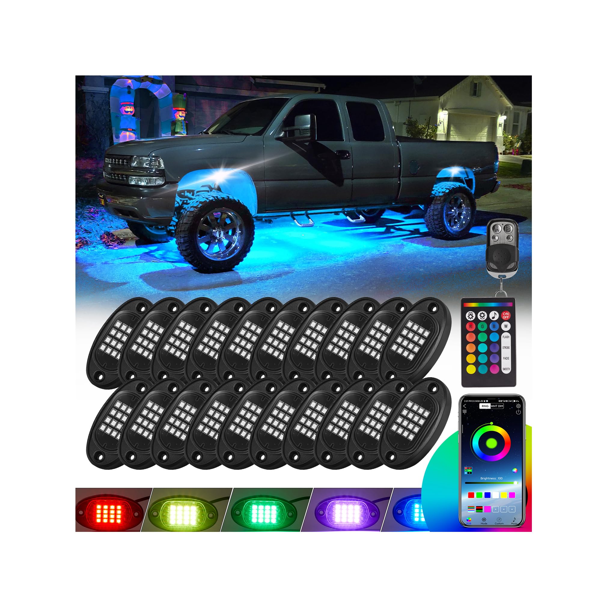 RGB LED Rock Lights Kit, 20 Pods Rock Lights for Semi Truck Offroad Pickup RV Trailer Boat, Waterproof Multicolor Underglow Kit for Truck with APP Remote Control Music Neon Vehicle Underbody Light 12V