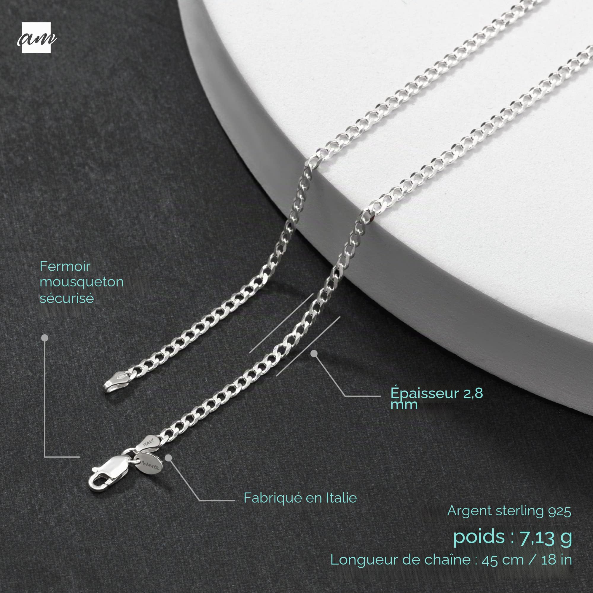 Amberta Collier Chaîne Cubaine pour Femme en Argent Sterling 925 Massif, Maillon Gourmette Italien Miami Cadeau