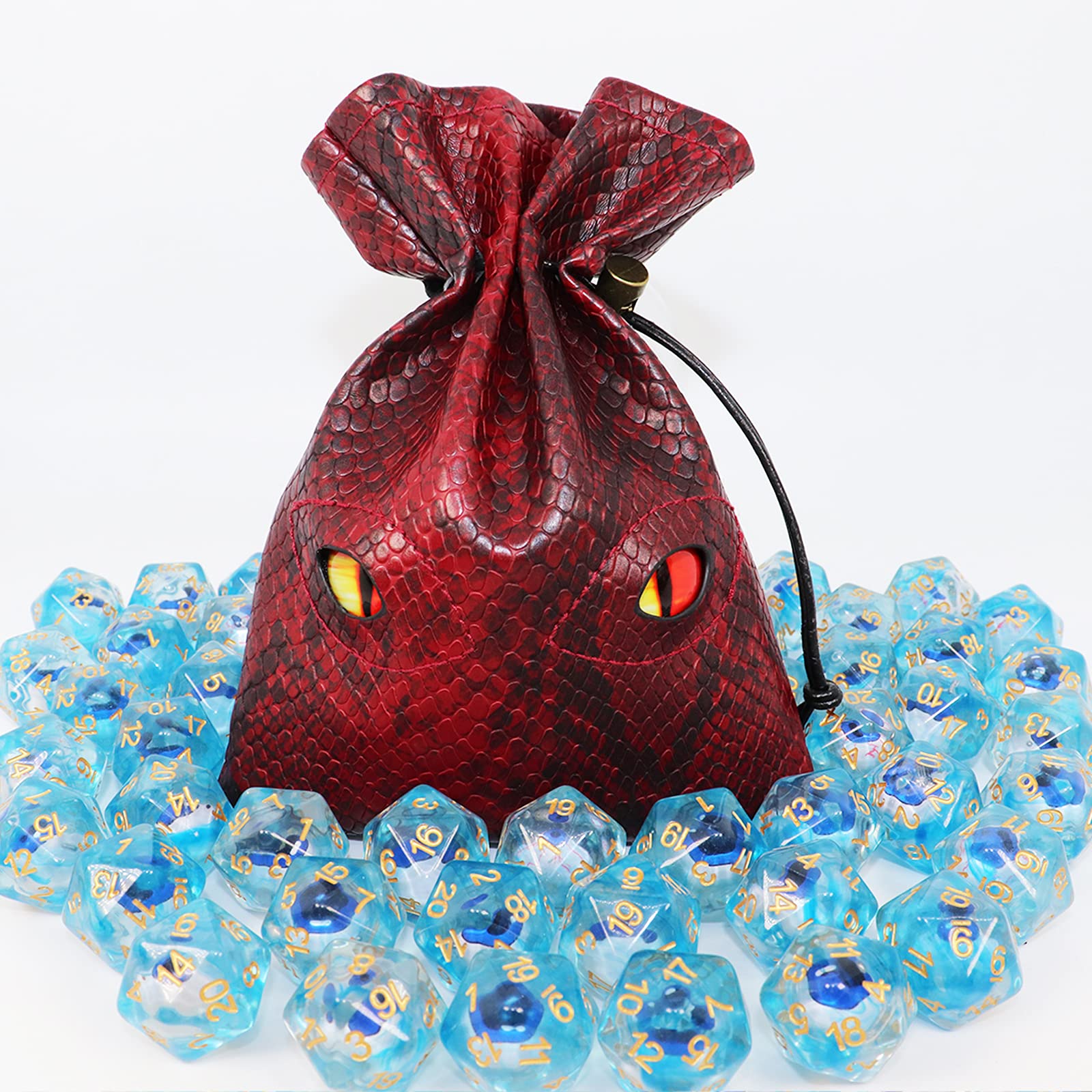 Byhoo Borsa per Dadi Con Occhi Fosforescenti - Contiene 6 Set, Sacchetto per Monete in Pelle di Drago Rosso Fuoco per Giochi da Tavolo DND e RPG